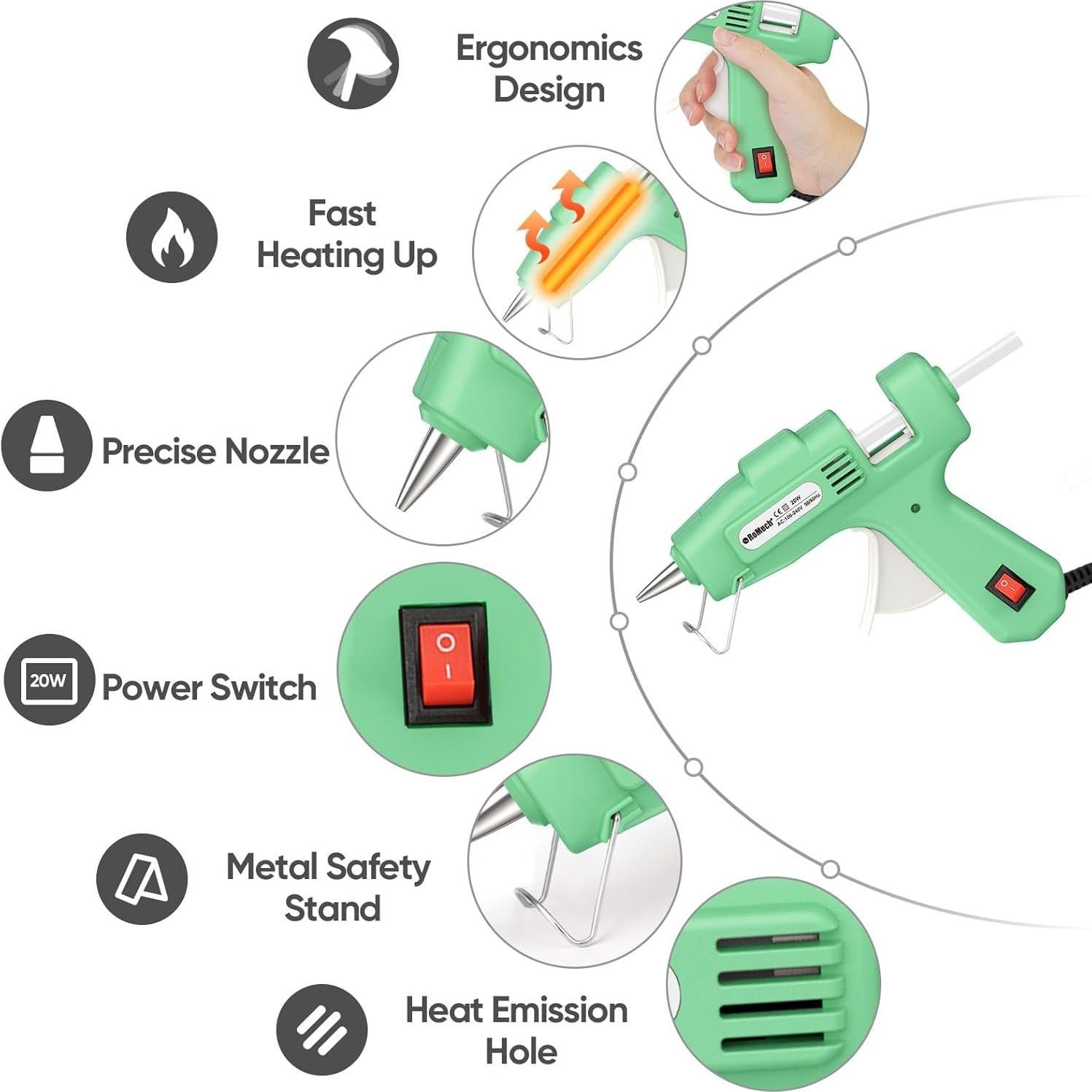 Pistola de Pegamento Caliente ROMECH 20W Verde + 30 Barras