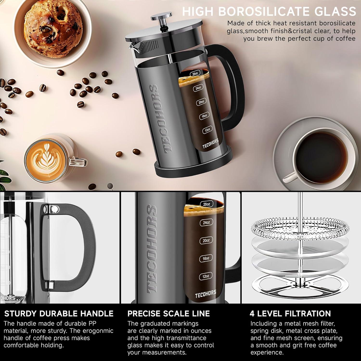 Prensa Francesa TECOHORS 1L Acero Inoxidable Vidrio Borosilicato