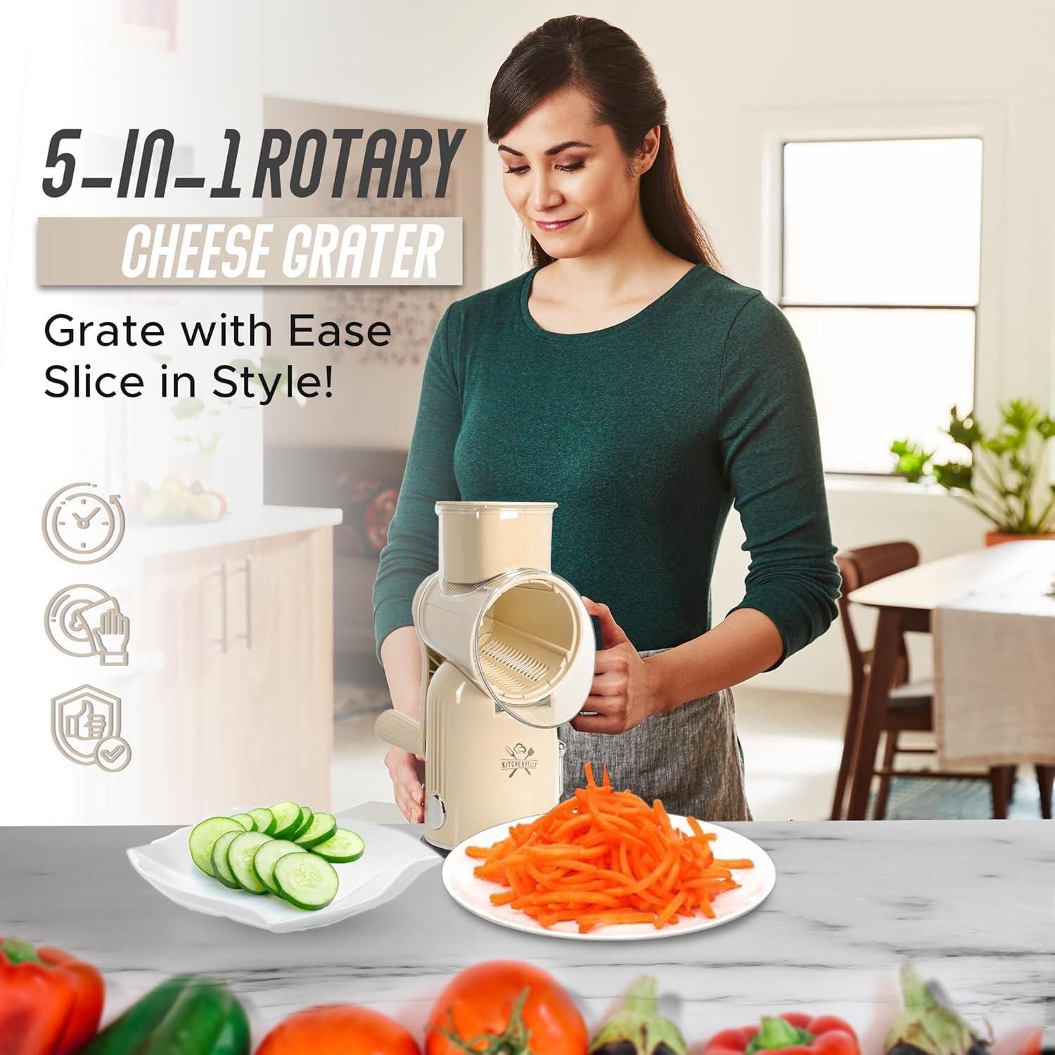 Rallador de Queso Rotativo KitchenVelly 5-en-1 Beige
