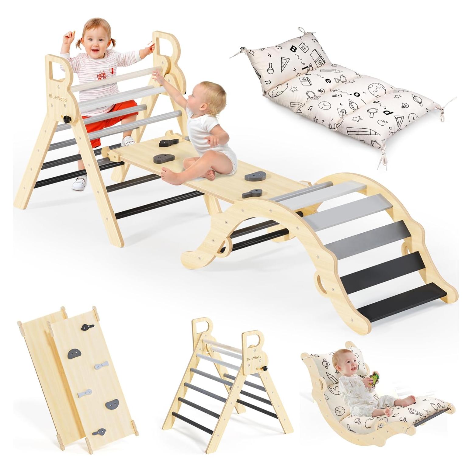 Conjunto Triángulo Pikler BlueWood con Cojín - Juguetes 8 en 1