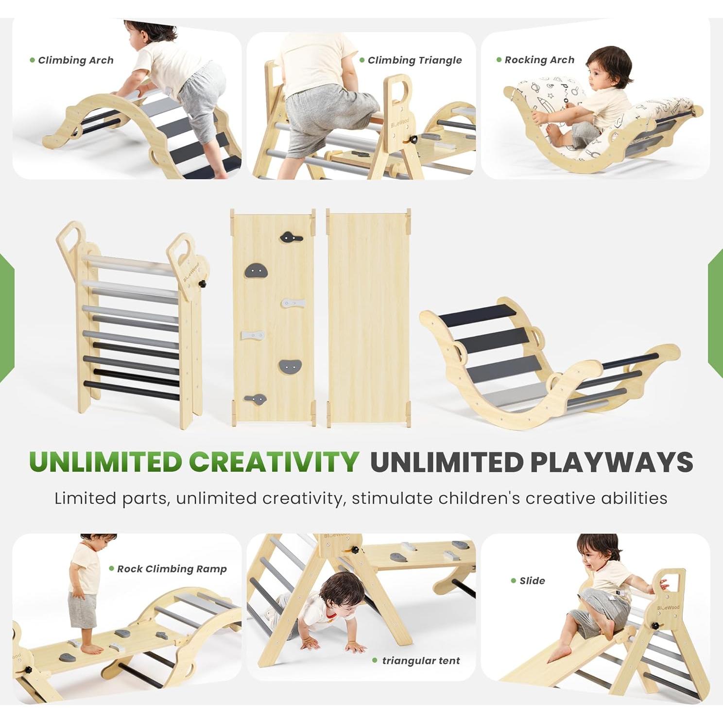 Conjunto Triángulo Pikler BlueWood con Cojín - Juguetes 8 en 1