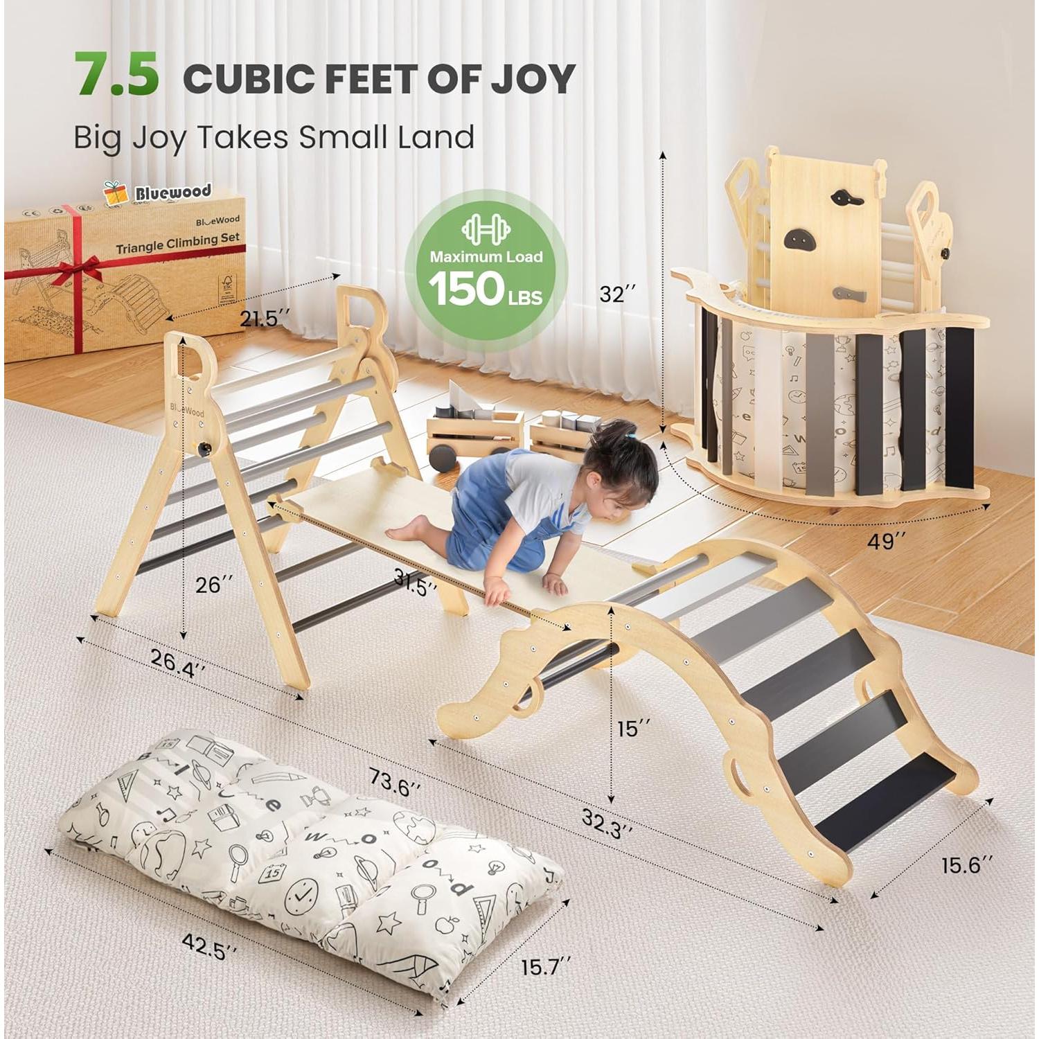 Conjunto Triángulo Pikler BlueWood con Cojín - Juguetes 8 en 1