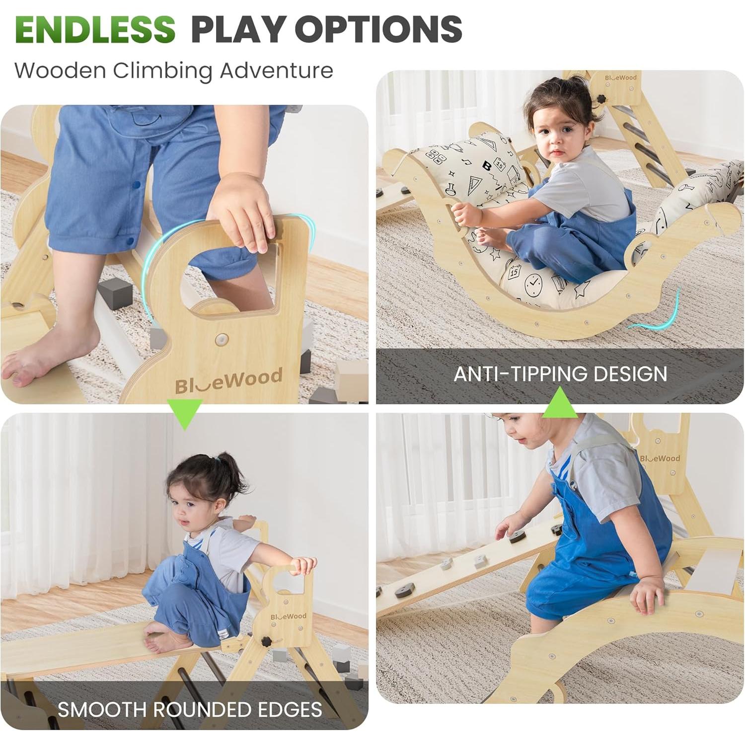 Conjunto Triángulo Pikler BlueWood con Cojín - Juguetes 8 en 1