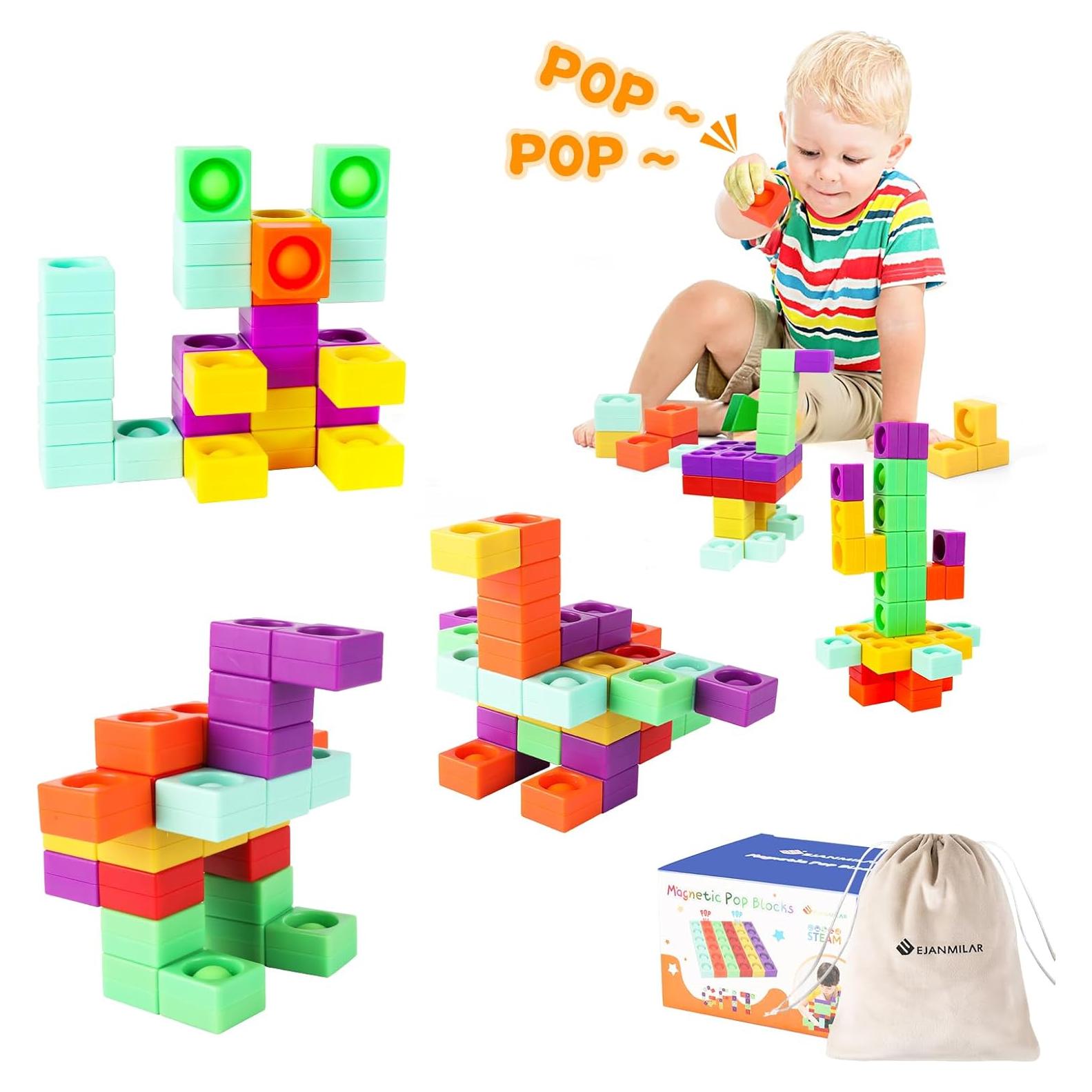 Unique Magnetic Blocks, Silicone Pop Building Blocks Fidget Toy, 1.38 Large Strong Magnetic Cubes, Preschool STEM Sensory Montessori Toys for Kids Toddlers Ages 3 4 5 6 7 8