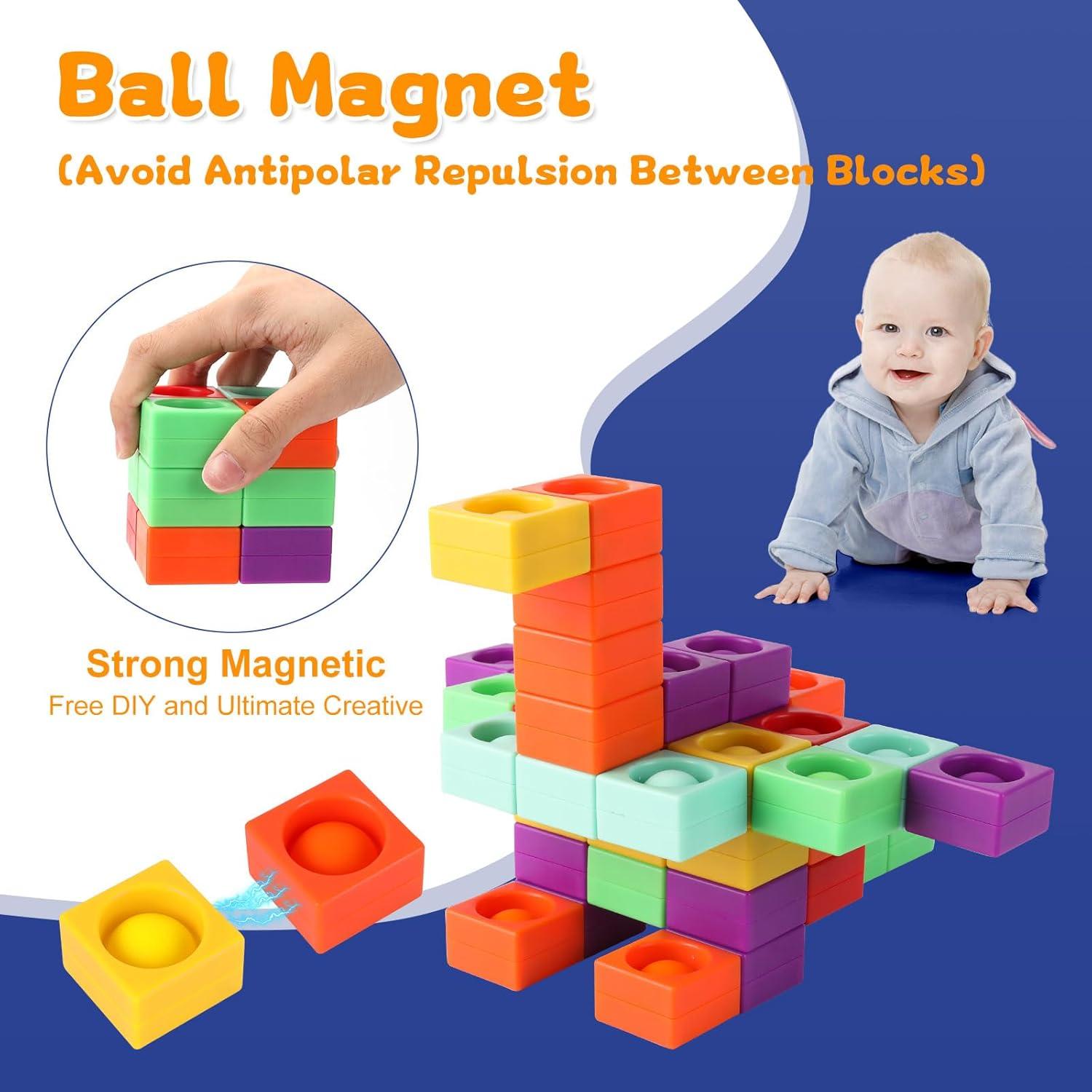 Unique Magnetic Blocks, Silicone Pop Building Blocks Fidget Toy, 1.38 Large Strong Magnetic Cubes, Preschool STEM Sensory Montessori Toys for Kids Toddlers Ages 3 4 5 6 7 8