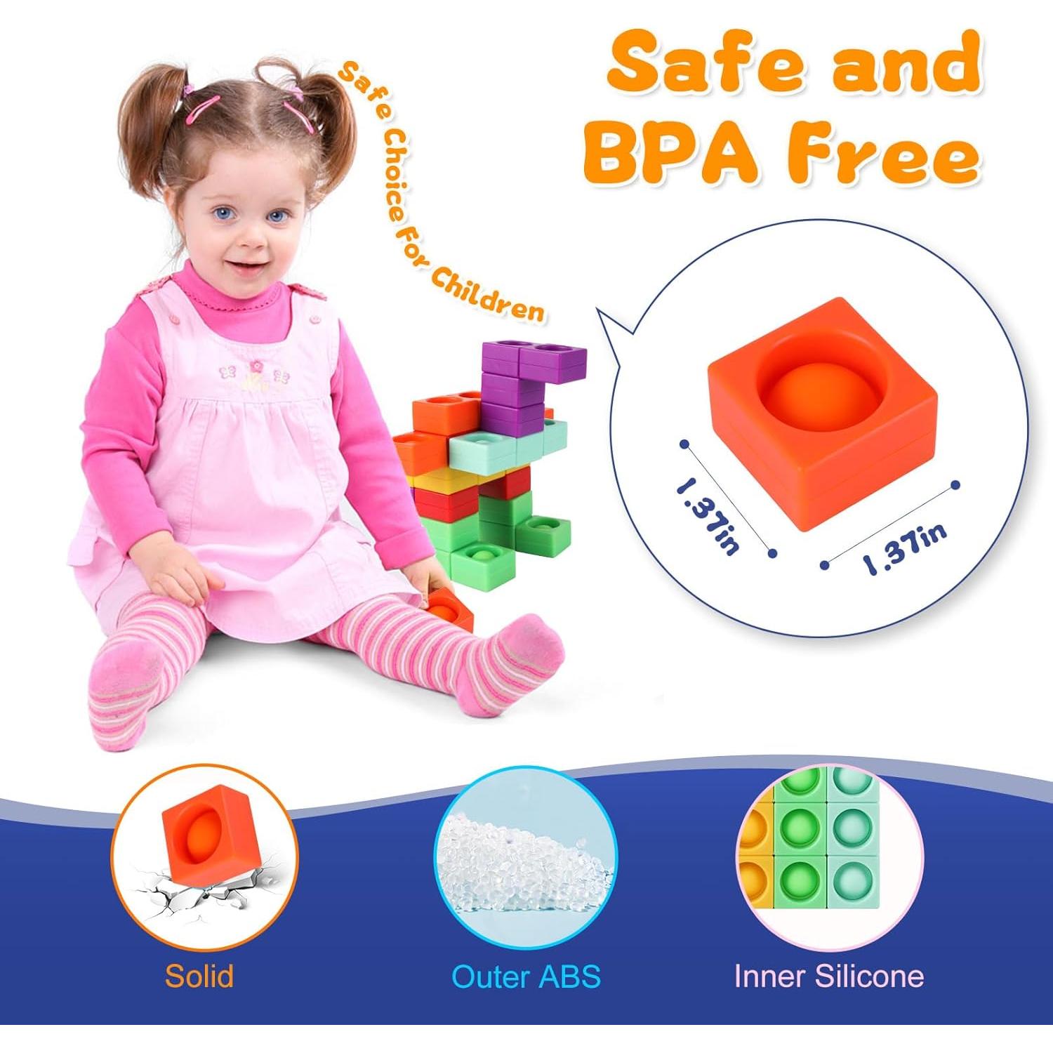 Unique Magnetic Blocks, Silicone Pop Building Blocks Fidget Toy, 1.38 Large Strong Magnetic Cubes, Preschool STEM Sensory Montessori Toys for Kids Toddlers Ages 3 4 5 6 7 8