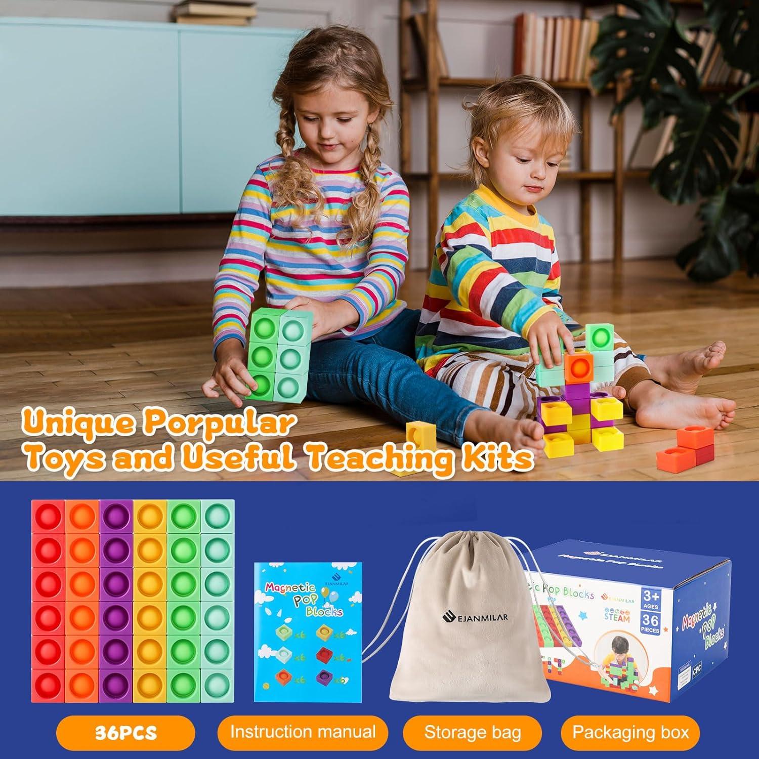 Unique Magnetic Blocks, Silicone Pop Building Blocks Fidget Toy, 1.38 Large Strong Magnetic Cubes, Preschool STEM Sensory Montessori Toys for Kids Toddlers Ages 3 4 5 6 7 8