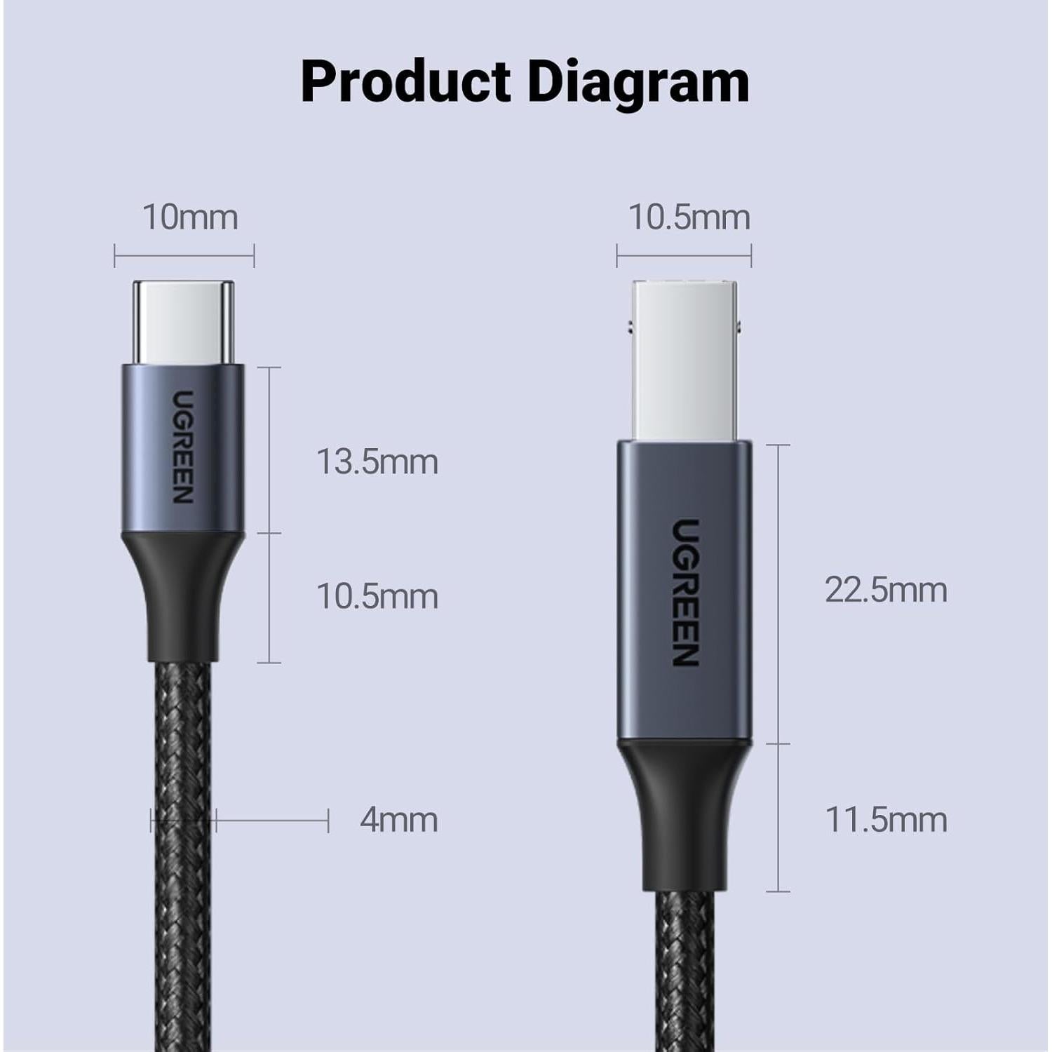 Cable USB C a B UGREEN 0.91m para Impresora y MIDI Negro