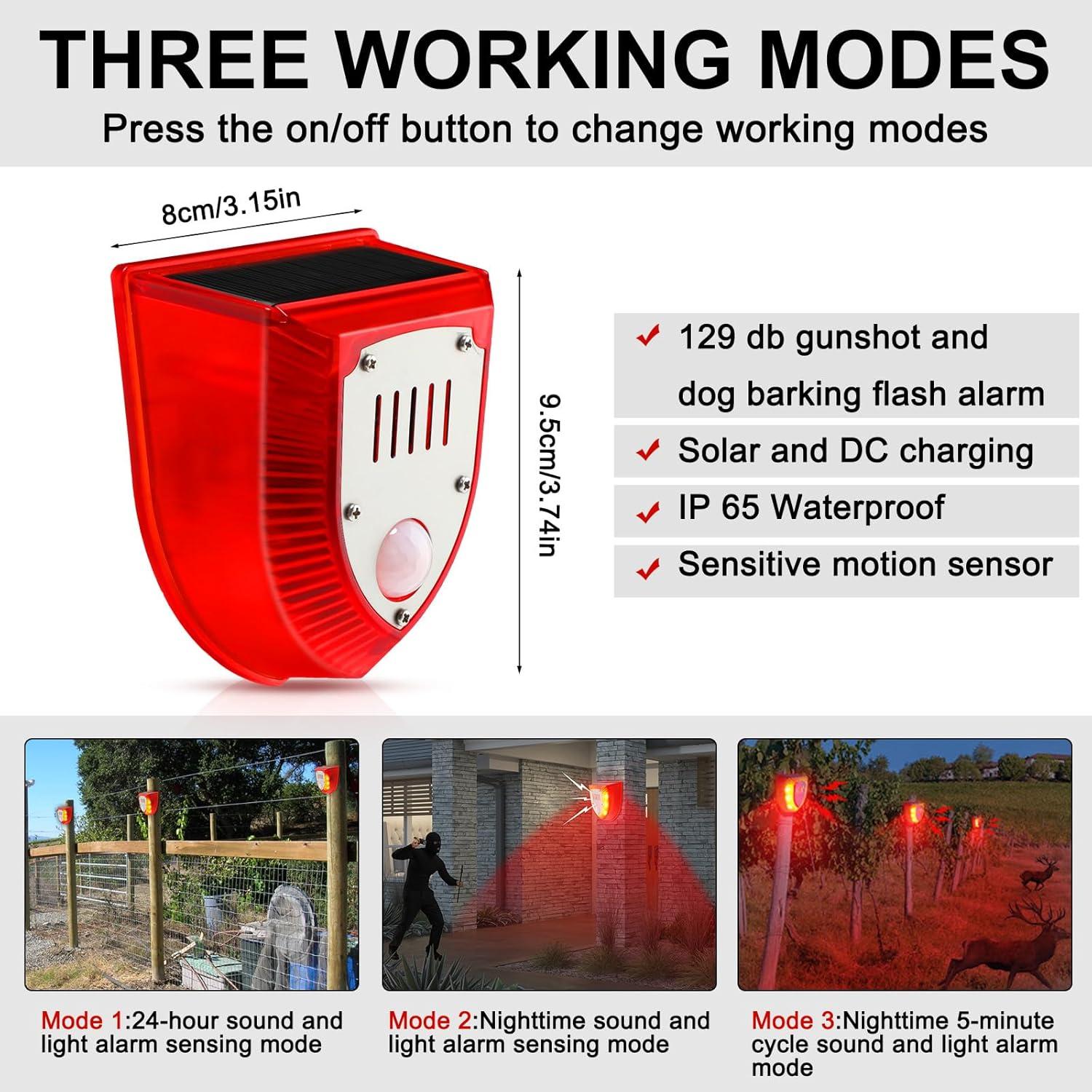 Qualirey 4 Pcs Detector de Movimiento Solar 129dB Alarma Exterior