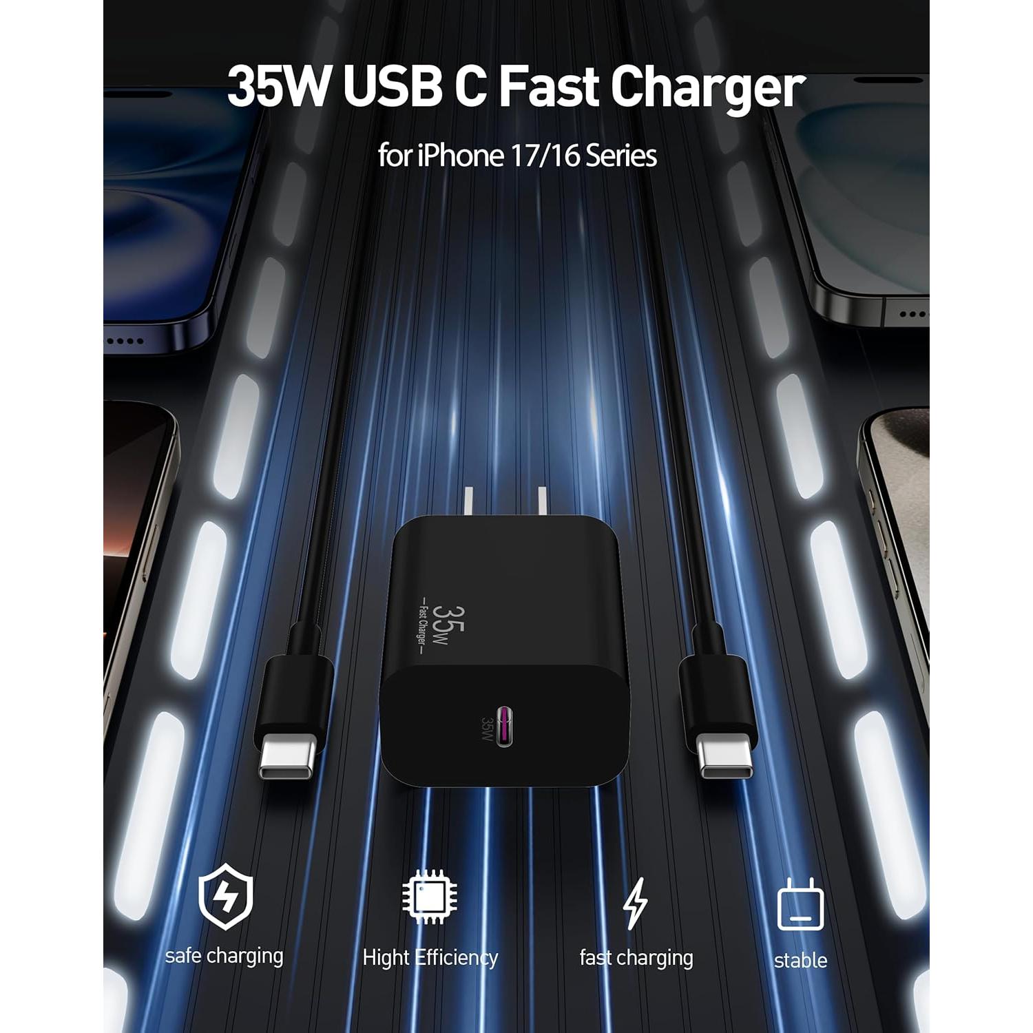 Cargador Rápido USB C 35W para iPhone 17 y iPad - 3FT
