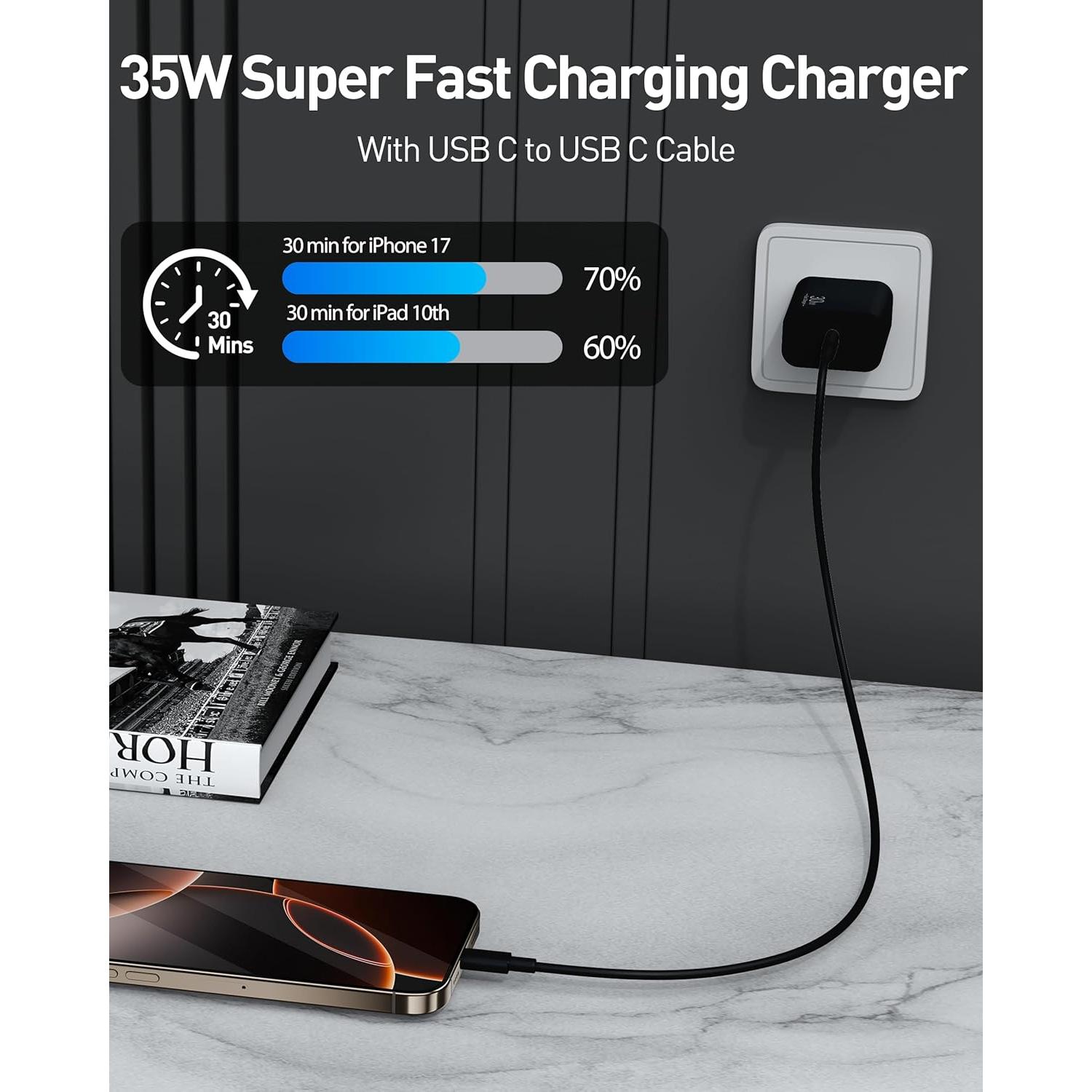 Cargador Rápido USB C 35W para iPhone 17 y iPad - 3FT