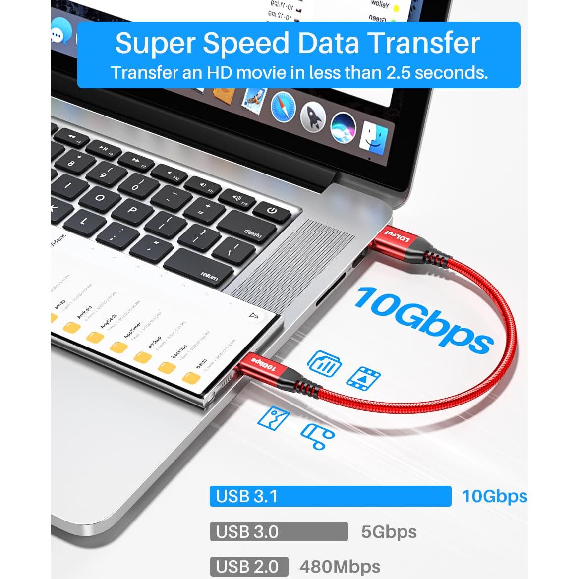 Cable USB C 10Gbps 15 cm LDLrui Rojo Carga Rápida 3.1A