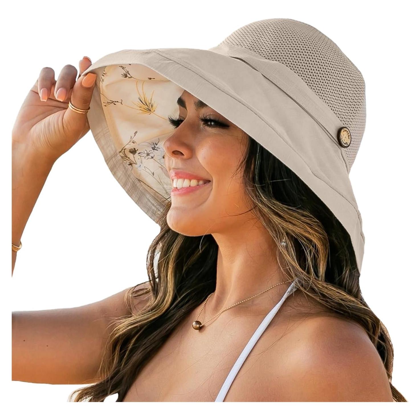 Sombrero de Sol Plegable para Mujeres Beige UPF 50+
