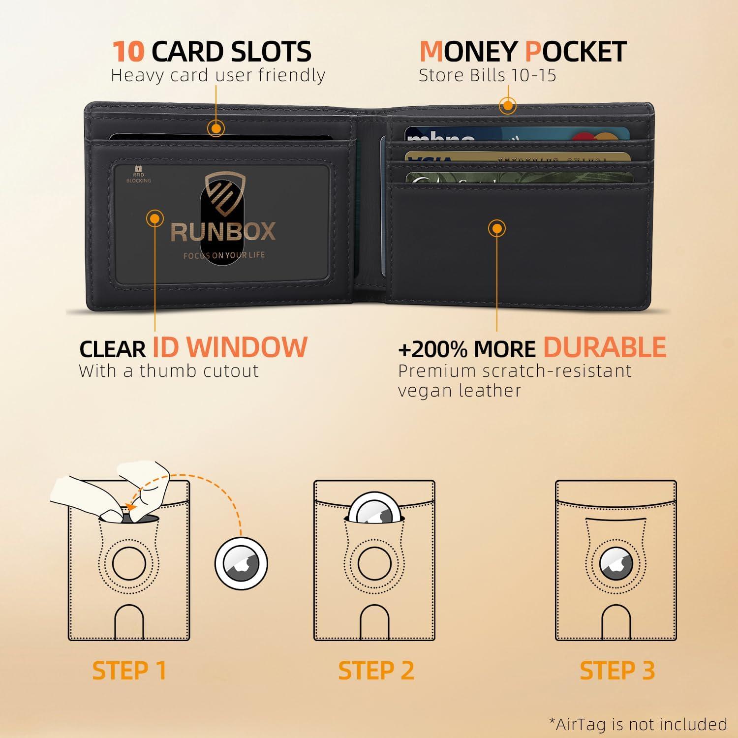 Cartera RUNBOX AirTag Hombre Slim Cuero RFID Bifold 12x9 cm