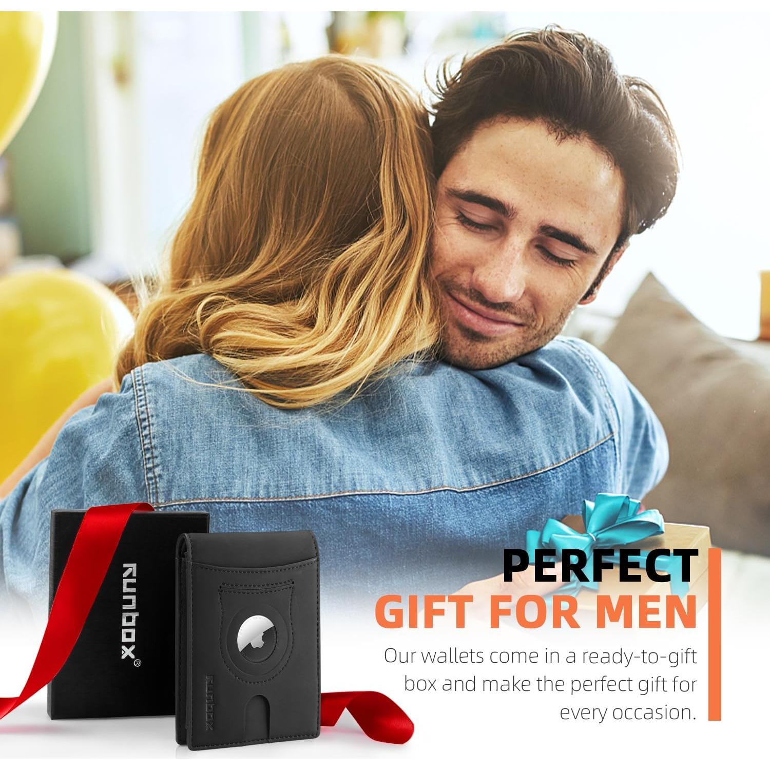 Cartera RUNBOX AirTag Hombre Slim Cuero RFID Bifold 12x9 cm