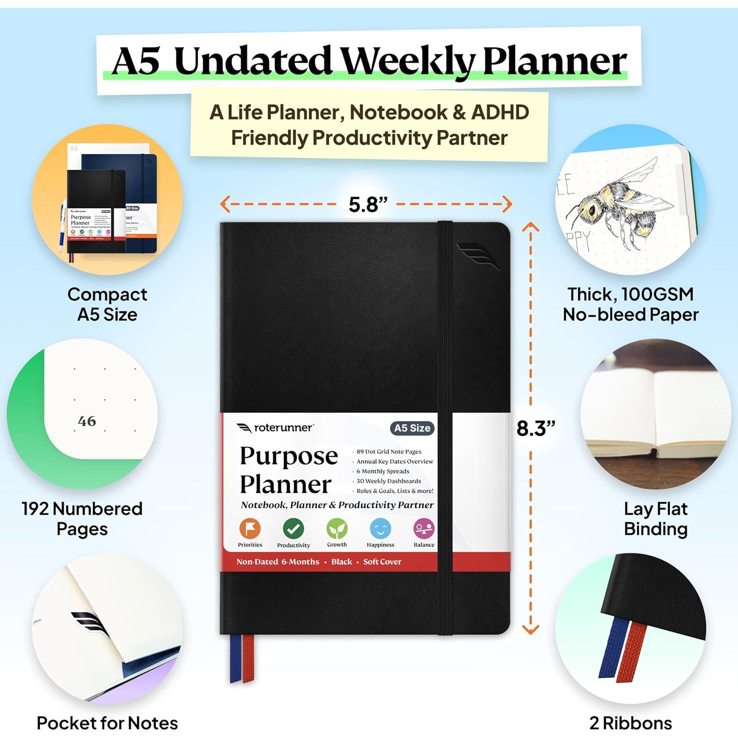 Planificador Roterunner A5 Sin Fecha 2025 Cubierta Dura Negra