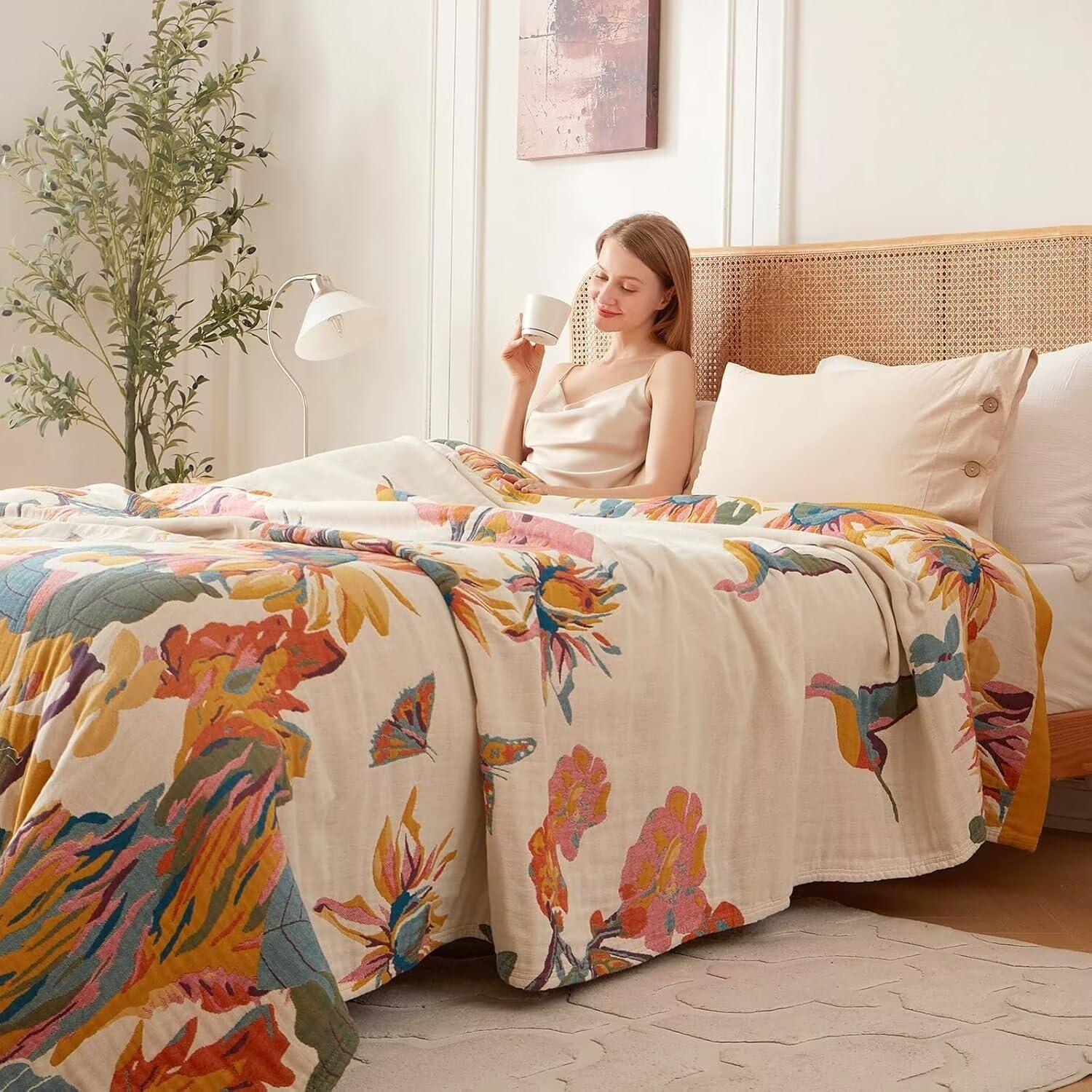 Manta Boho Wzvzss 100% Algodón 127x152cm Reversible Floral