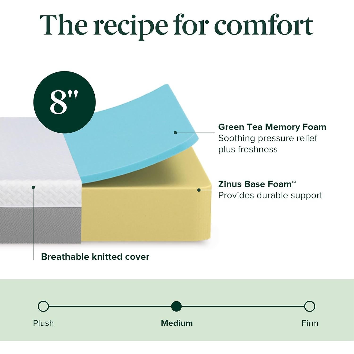 Colchón ZINUS Espuma Viscoelástica 8" Té Verde Individual