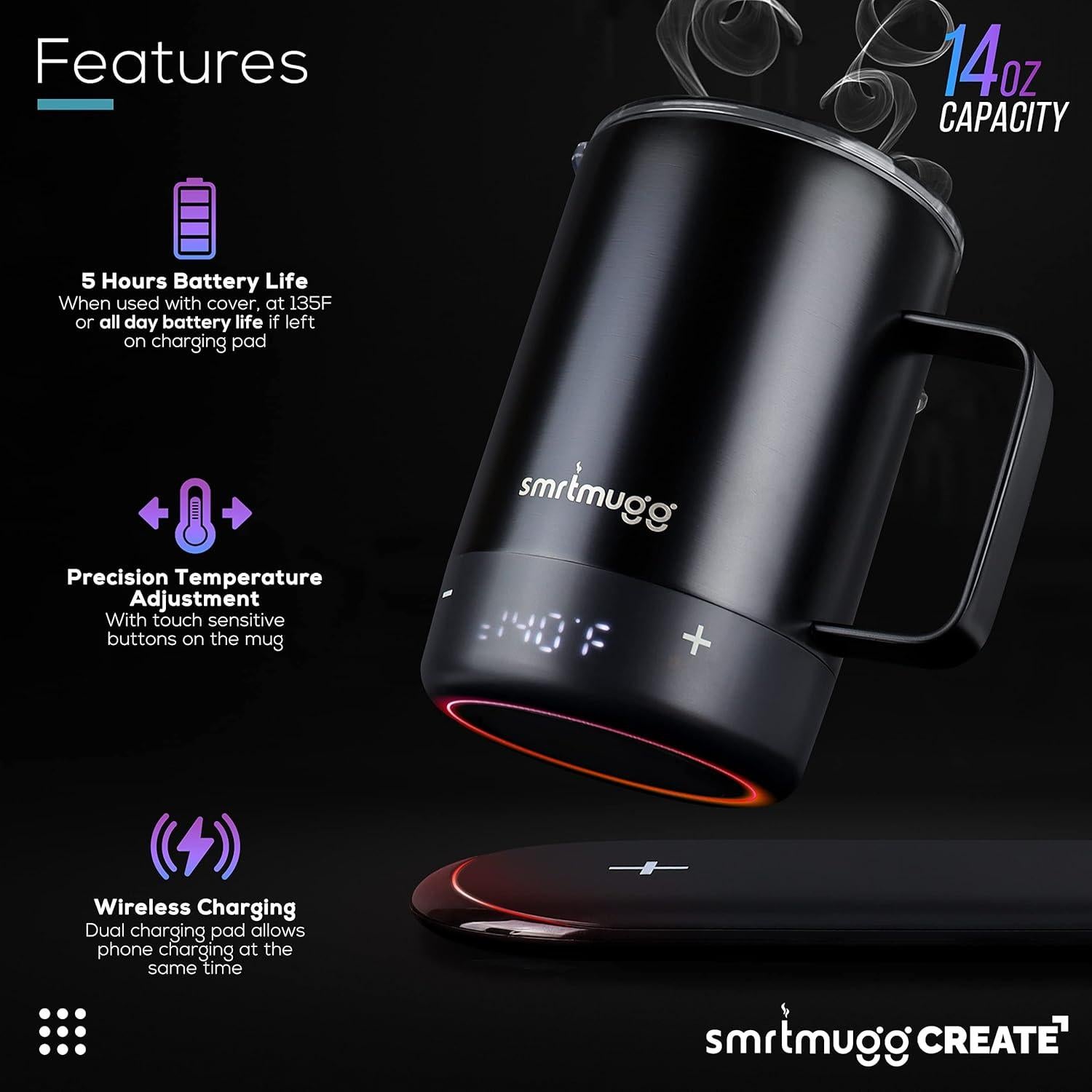 Taza Calentada SmrtMugg CREATE 14 OZ con Carga Inalámbrica