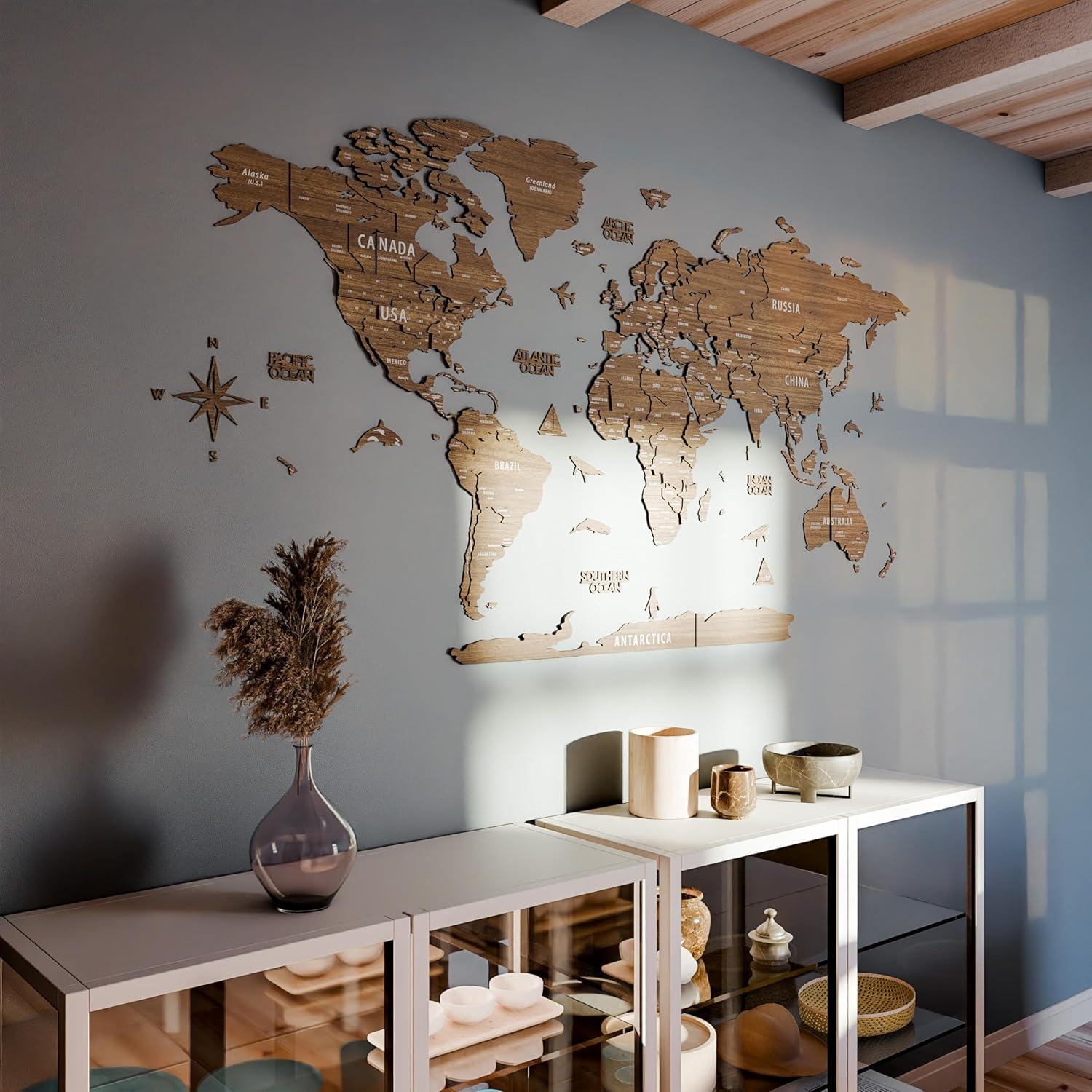 Mapa Mundial de Madera 3D Multicapa Betül 77.5x62.9 cm