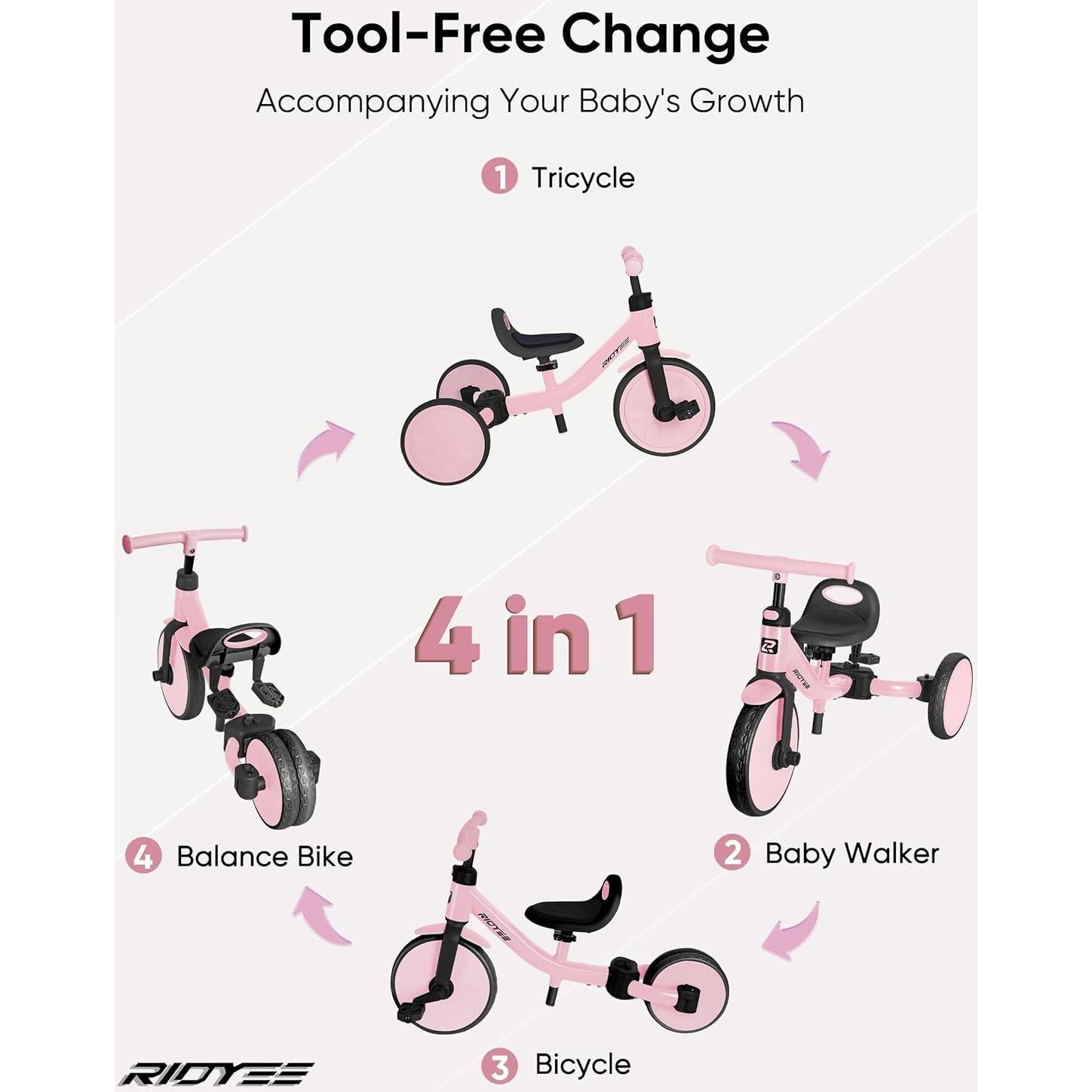 Triciclo 4-en-1 RIDYEE Rosa para Niños 18 Meses a 3 Años