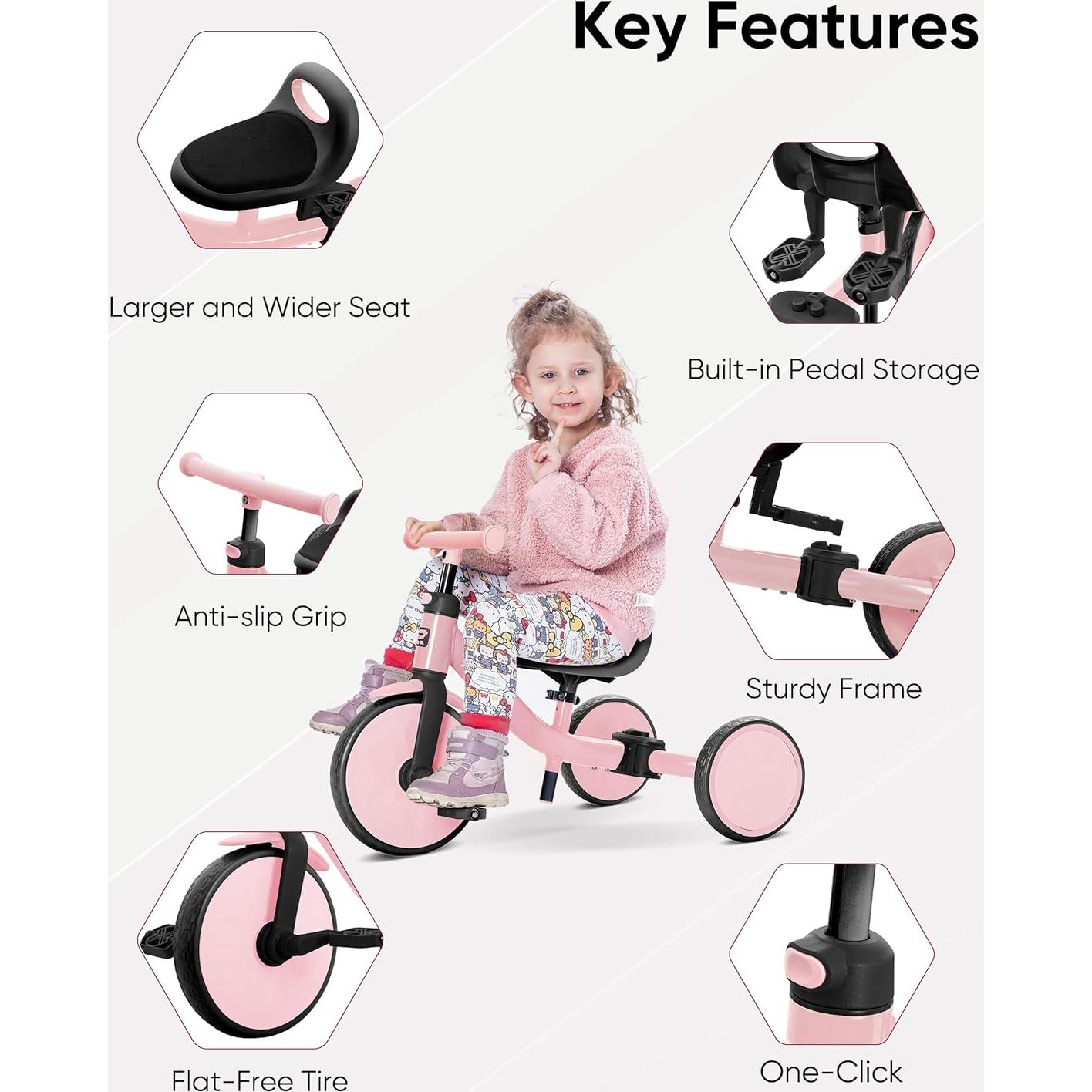 Triciclo 4-en-1 RIDYEE Rosa para Niños 18 Meses a 3 Años