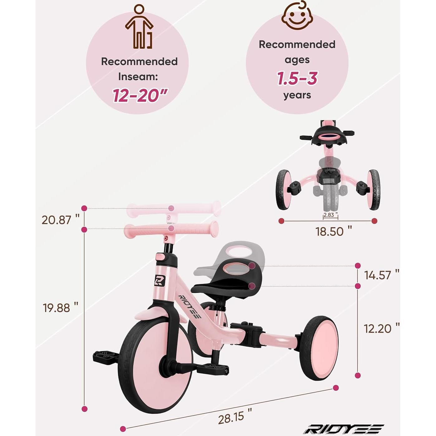 Triciclo 4-en-1 RIDYEE Rosa para Niños 18 Meses a 3 Años