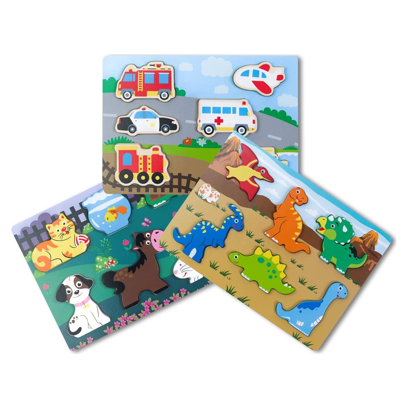 Juego de Rompecabezas de Madera ExploratoY - Dinosaurios, Vehículos y Mascotas