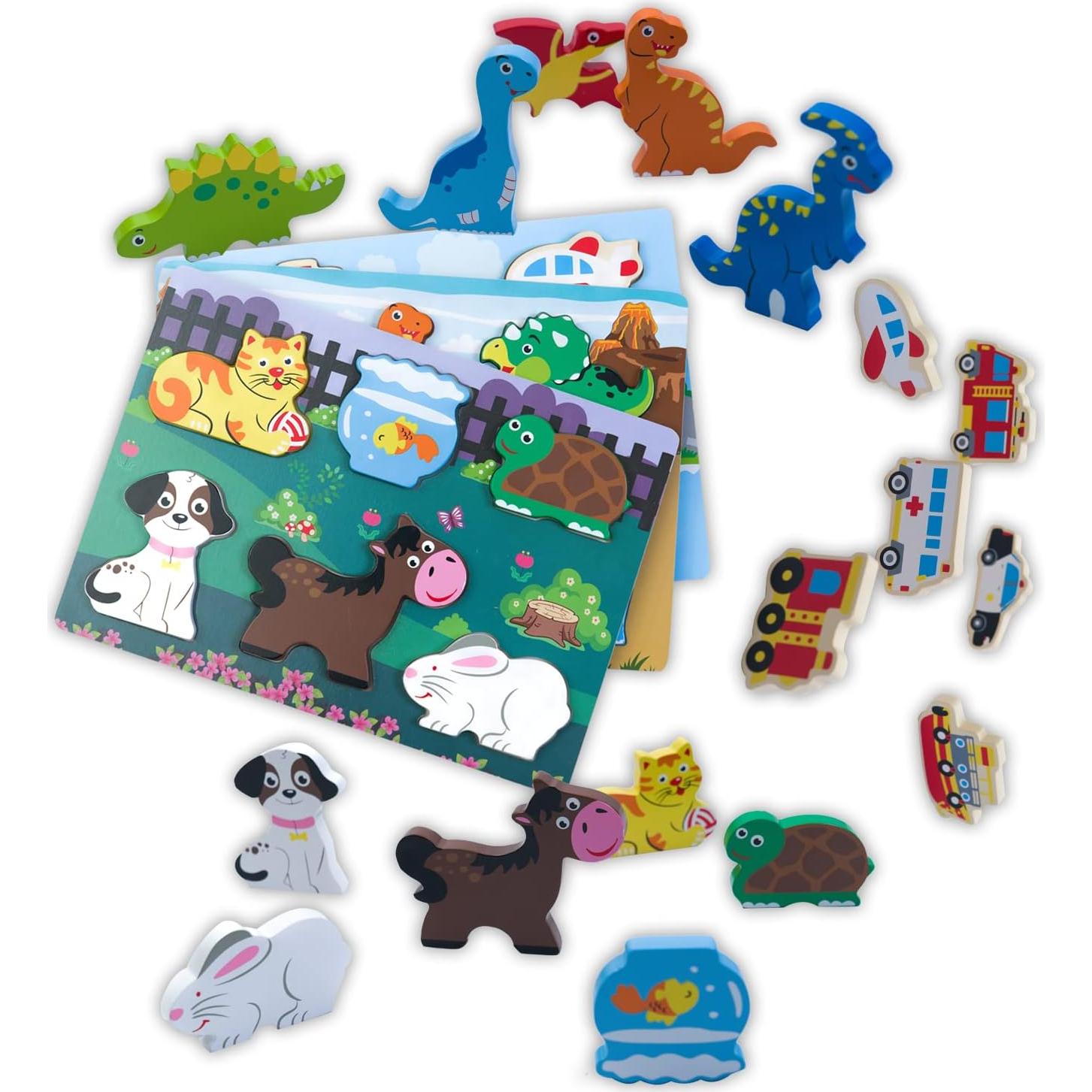 Juego de Rompecabezas de Madera ExploratoY - Dinosaurios, Vehículos y Mascotas