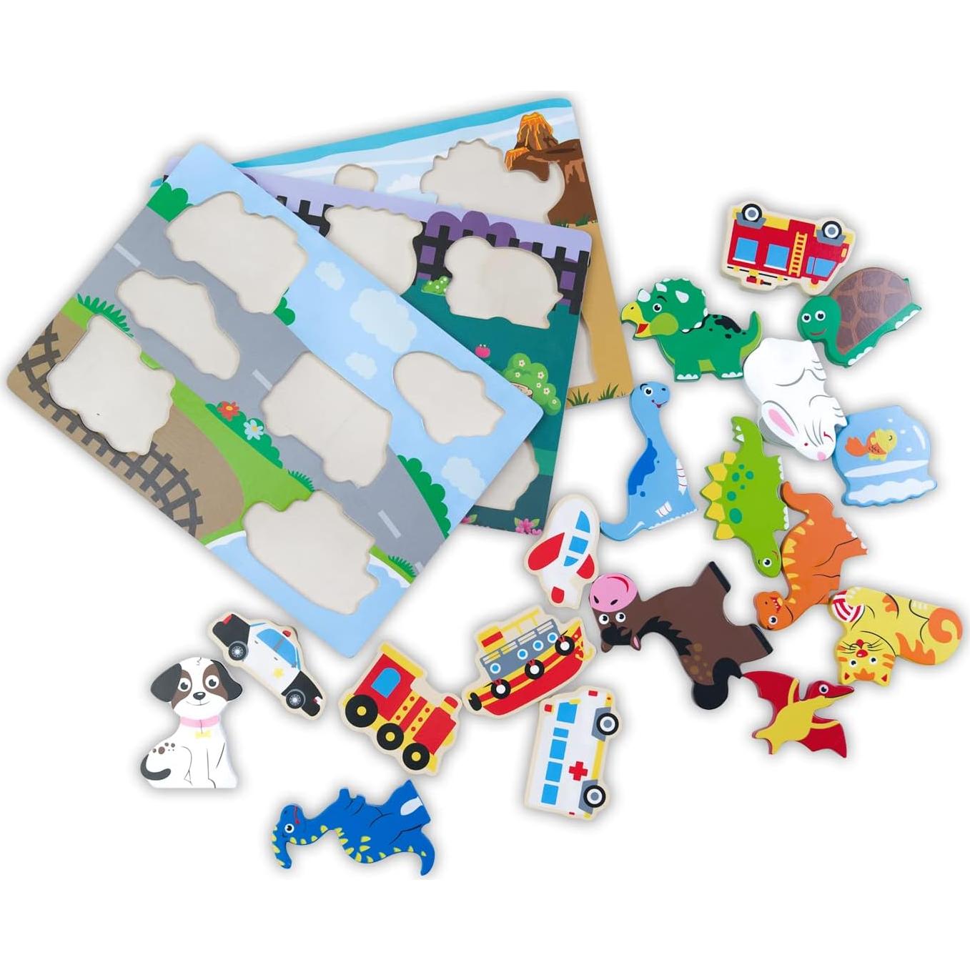 Juego de Rompecabezas de Madera ExploratoY - Dinosaurios, Vehículos y Mascotas