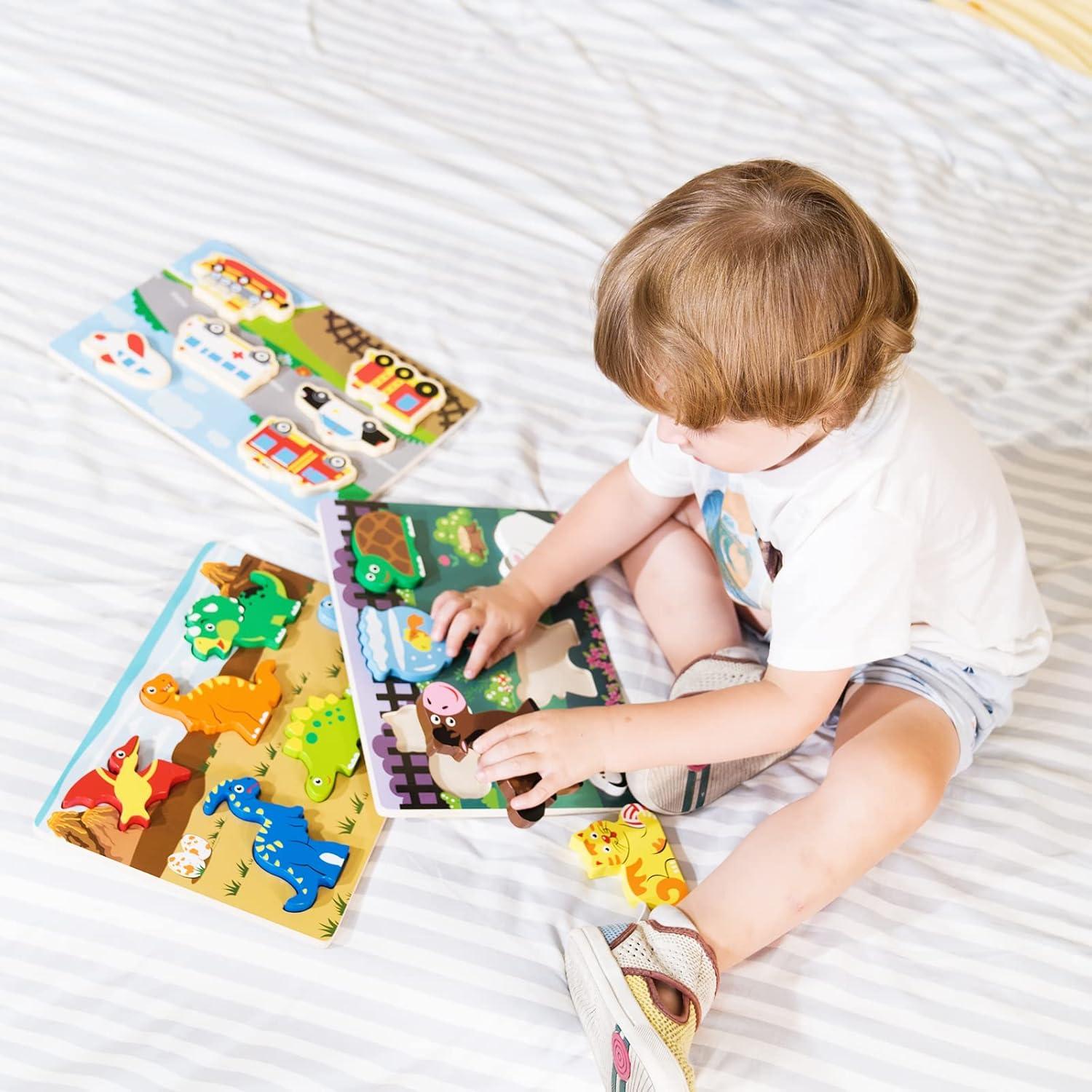 Juego de Rompecabezas de Madera ExploratoY - Dinosaurios, Vehículos y Mascotas