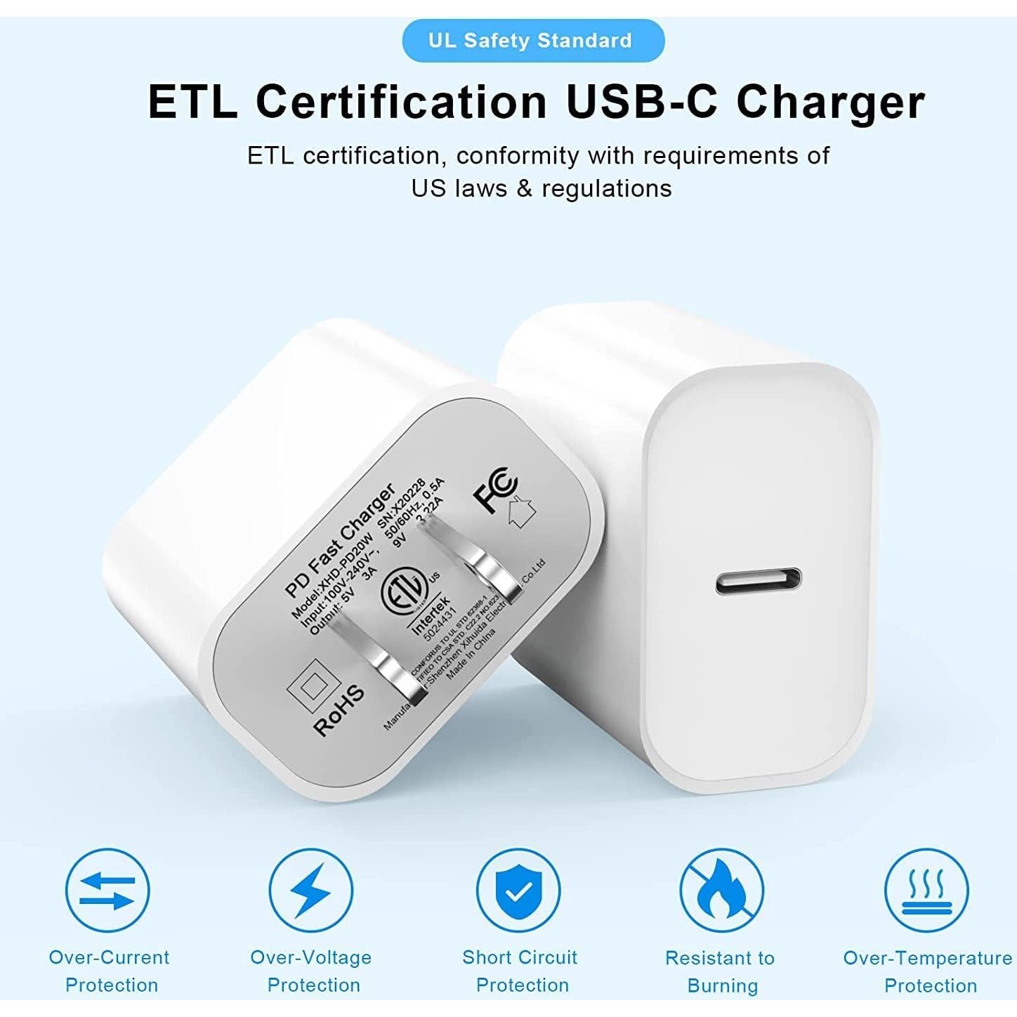 Cargador Rápido 20W USB-C MFi para iPhone 14/13/12 - 2Pack 6FT