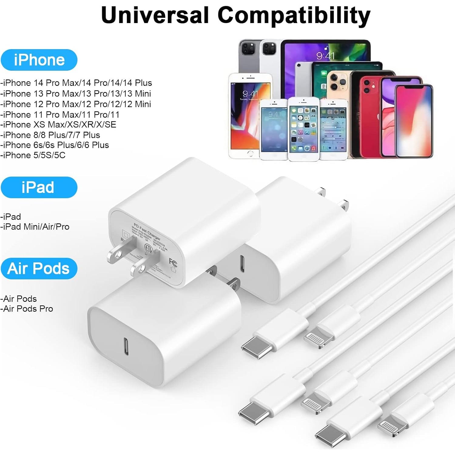 Cargador Rápido 20W USB-C MFi para iPhone 14/13/12 - 2Pack 6FT