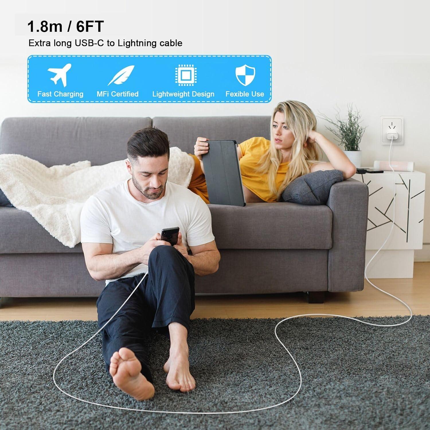 Cargador Rápido 20W USB-C MFi para iPhone 14/13/12 - 2Pack 6FT