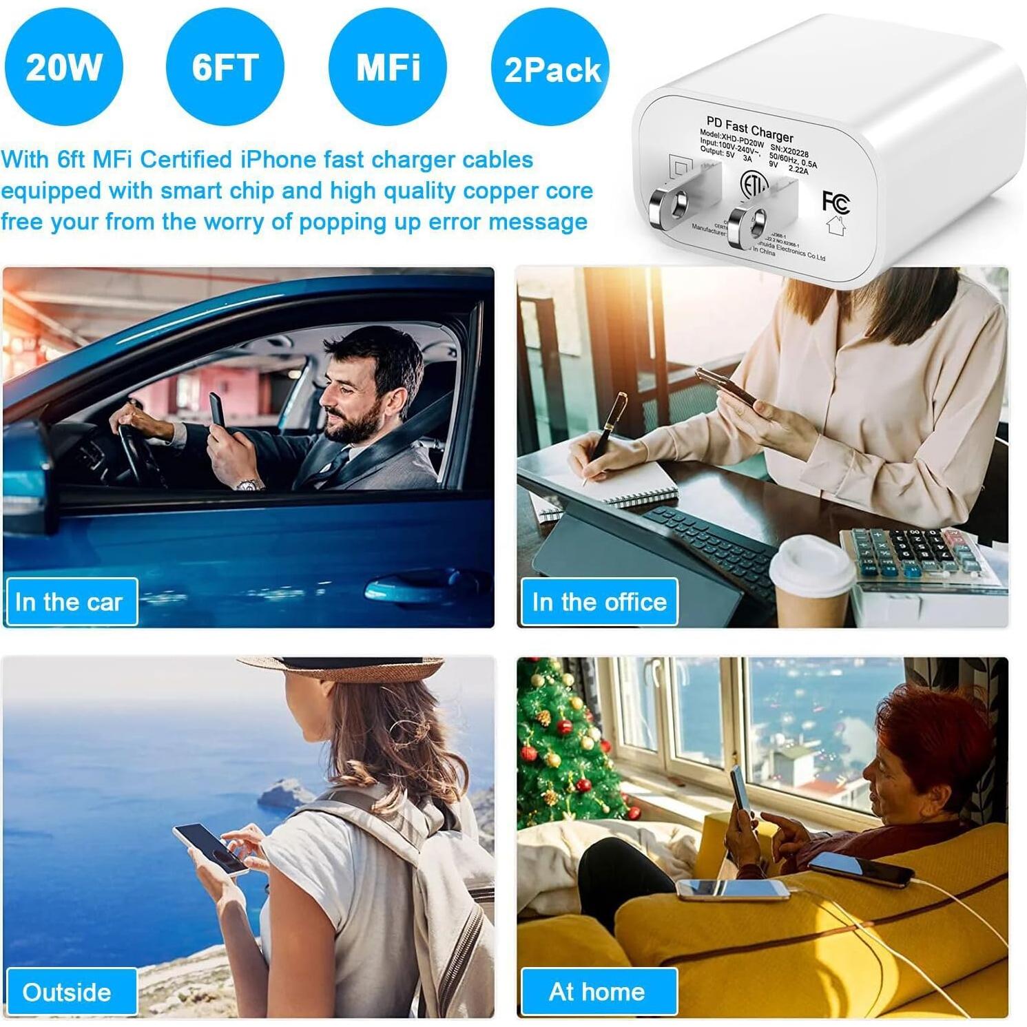 Cargador Rápido 20W USB-C MFi para iPhone 14/13/12 - 2Pack 6FT