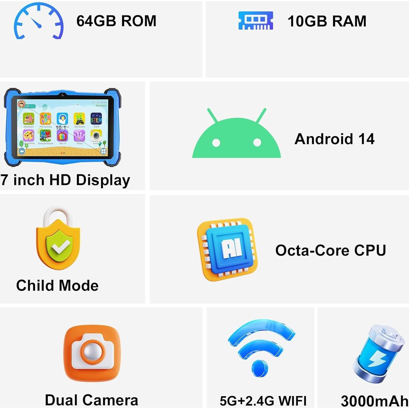 Tableta para Niños Fivahiva 7" Android 14, 10GB RAM, 64GB ROM
