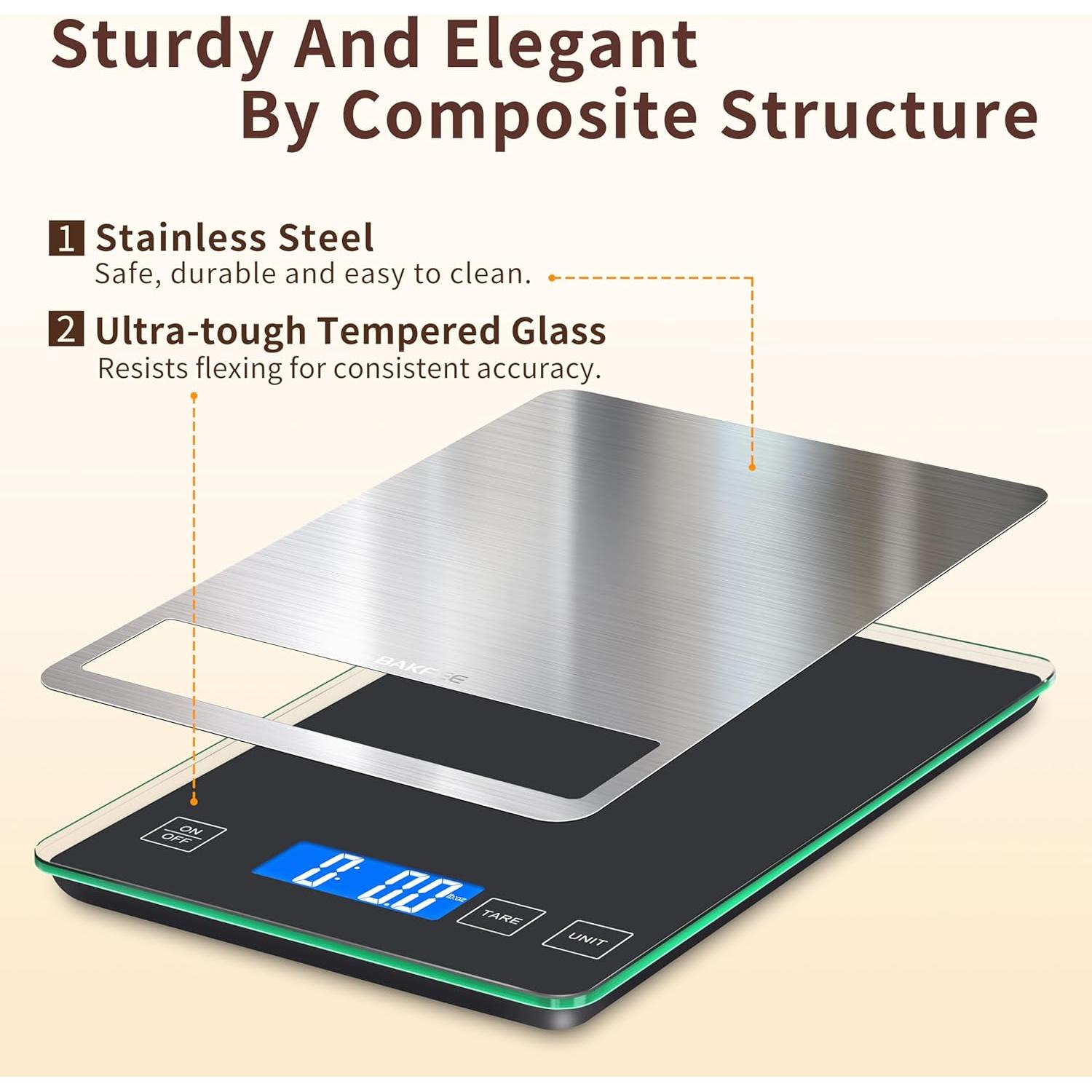 Báscula de Cocina Digital BakFee 15kg Acero Inoxidable Vidrio