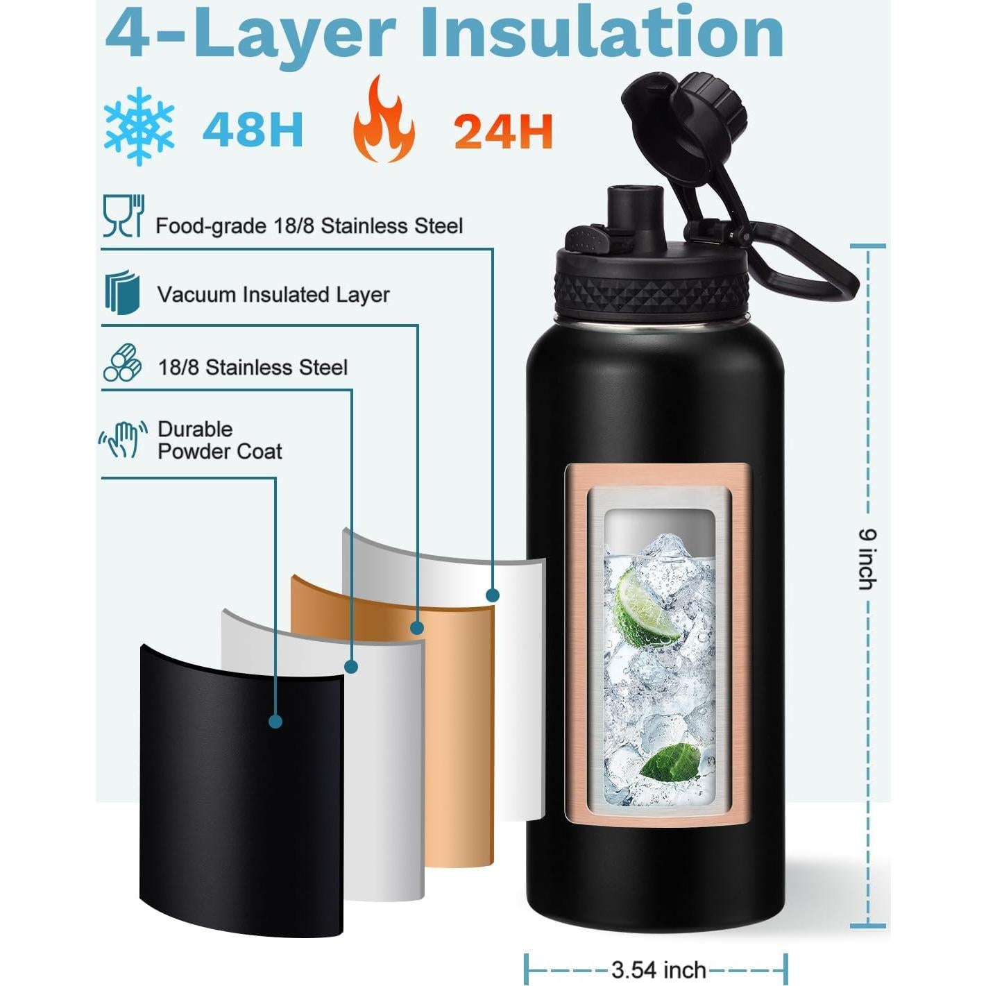 Botella de Agua Aislada BENZZO 0.95L Negra con Tapas