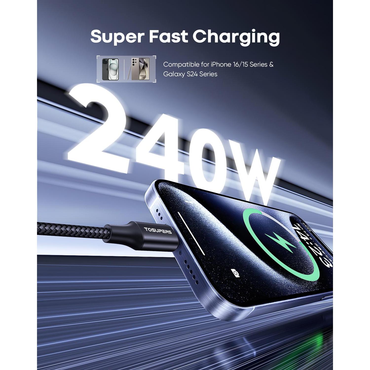 Cable USB C a USB C 240W TOSUPERS 2m Pack de 2 Negro