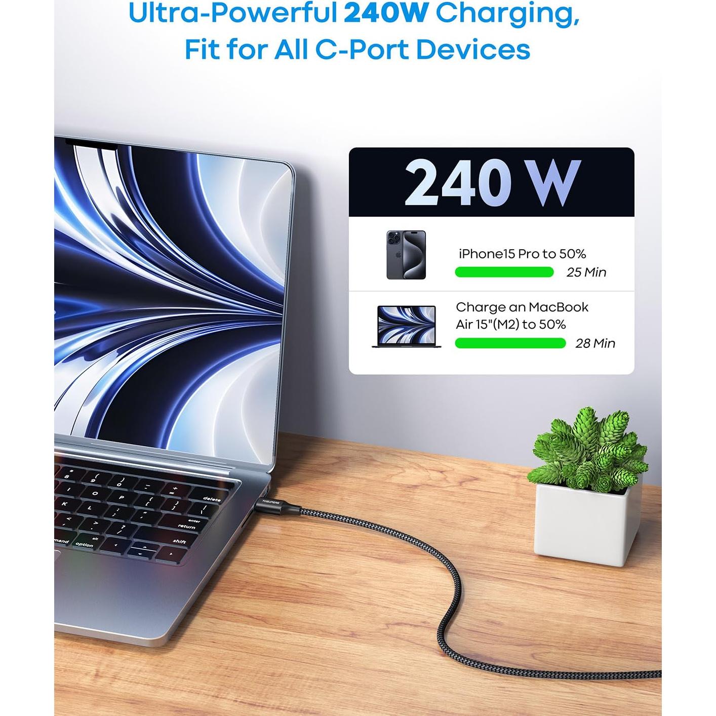 Cable USB C a USB C 240W TOSUPERS 2m Pack de 2 Negro