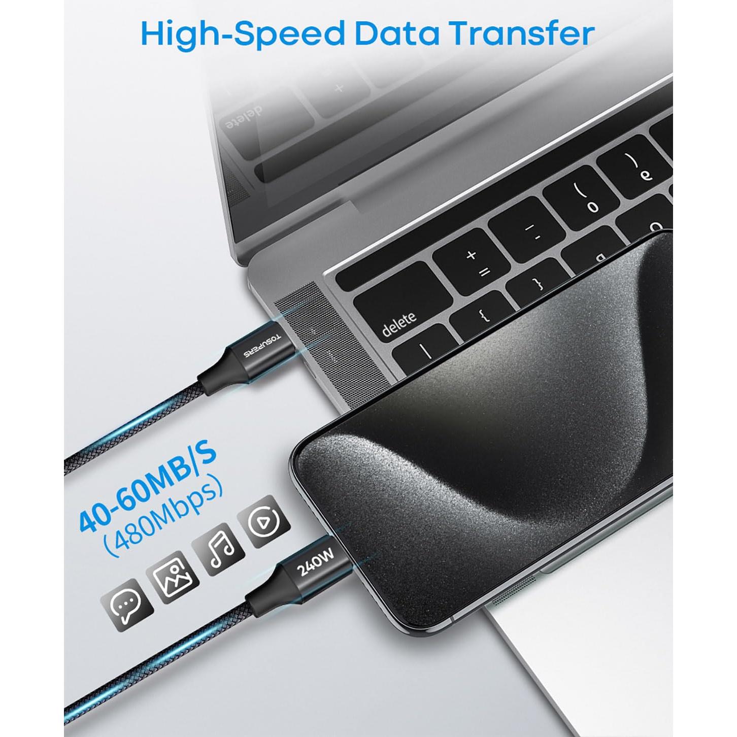 Cable USB C a USB C 240W TOSUPERS 2m Pack de 2 Negro