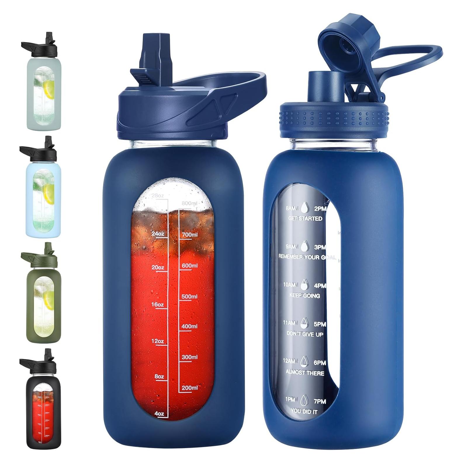 Botella de Agua de Vidrio EALGRO 32 oz Azul Marino con Pajilla