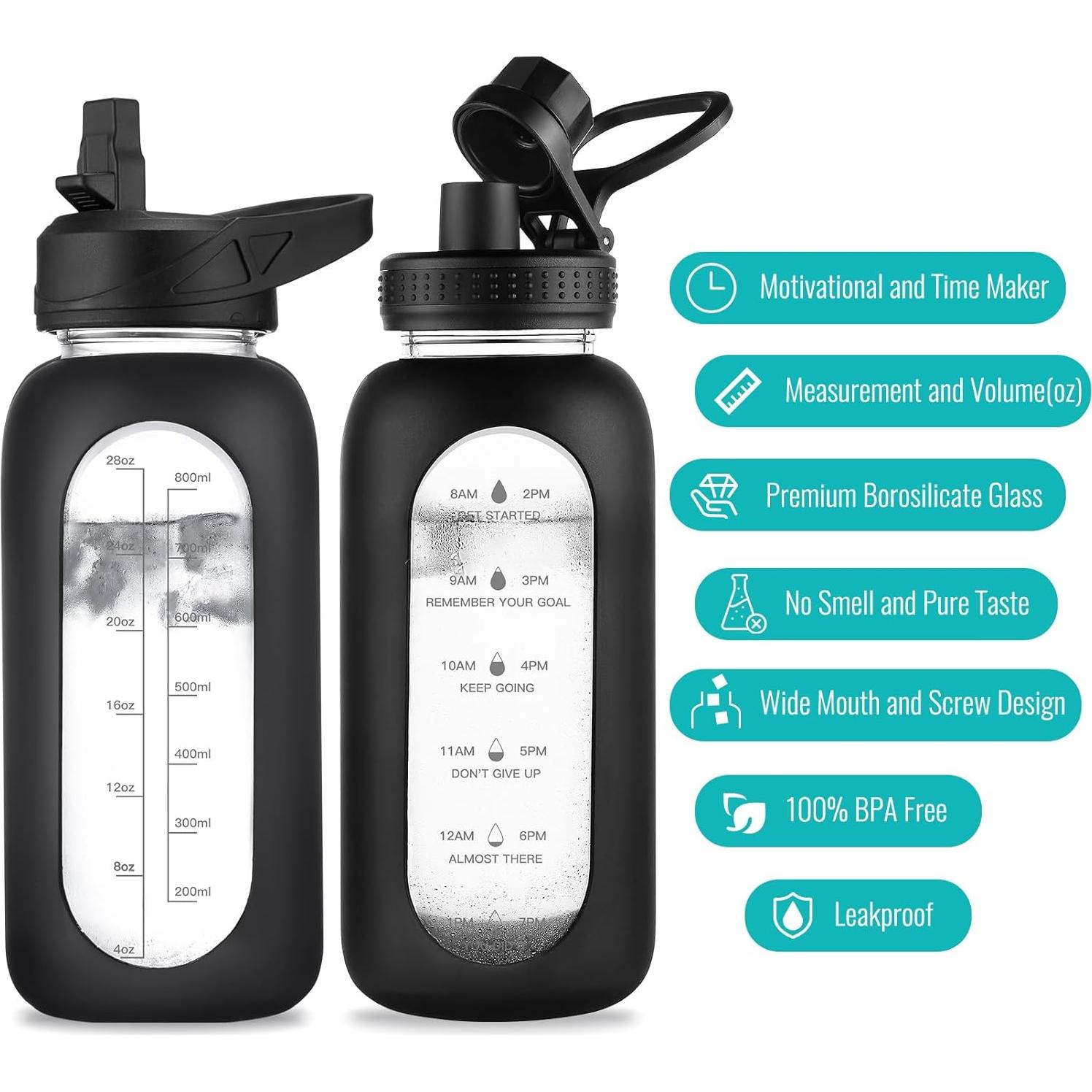 Botella de Agua de Vidrio EALGRO 32 oz Azul Marino con Pajilla