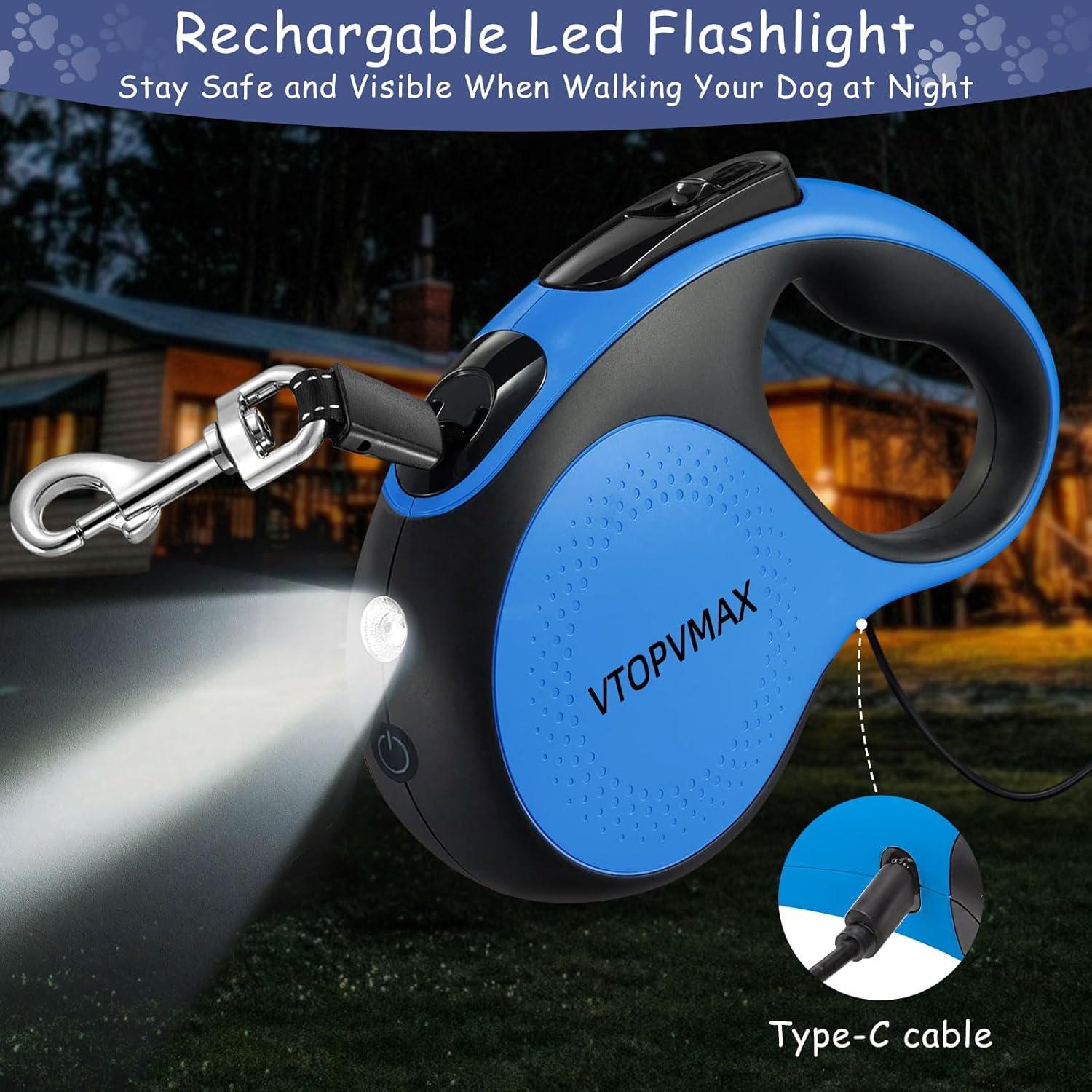 Correa Retráctil 4.88m VTOPVMAX para Perros hasta 30kg con Luz LED