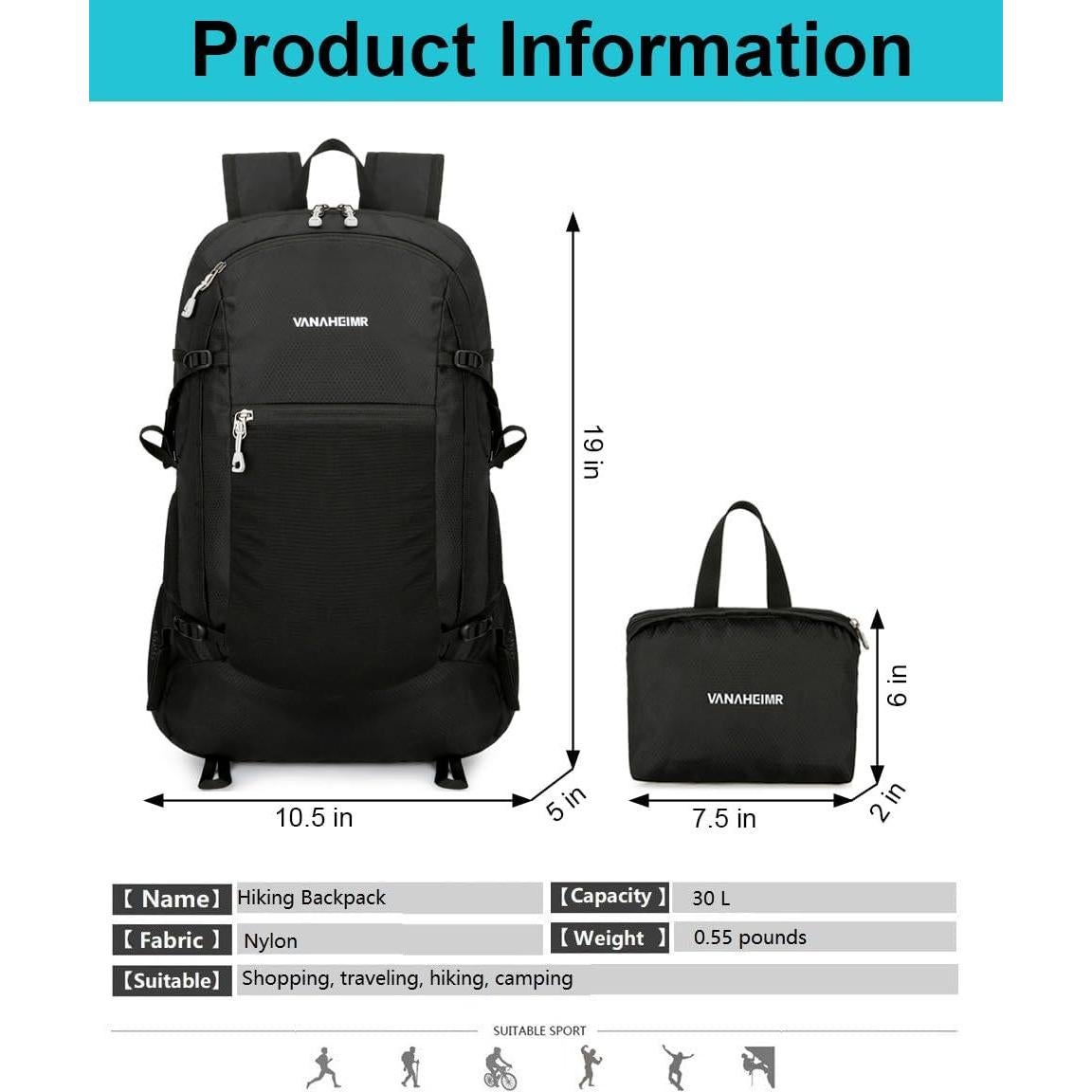 Mochila de Senderismo 30L Unisex YongH Plegable Ligera