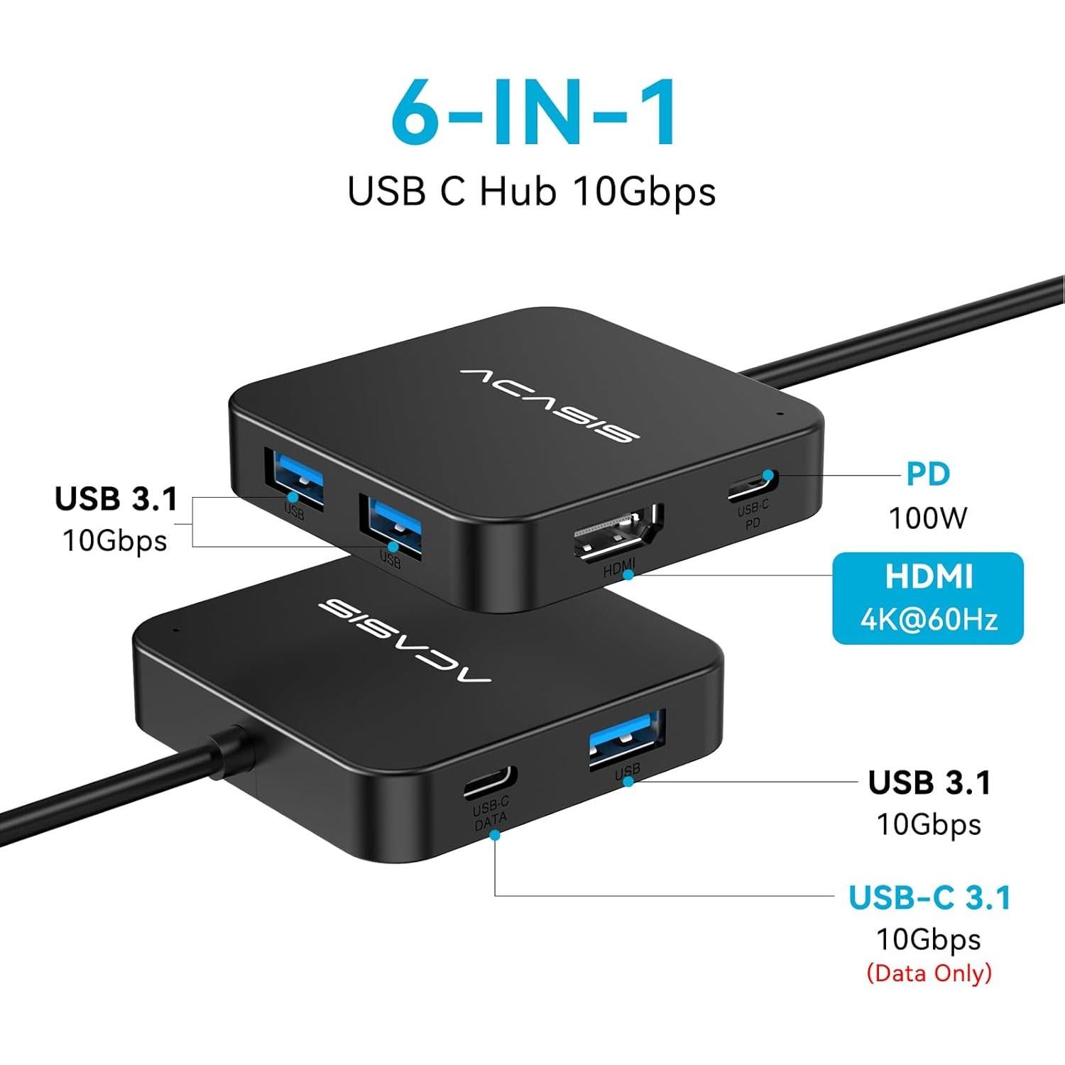 Hub USB C 10Gbps ACASIS con HDMI 4K 60Hz y Carga 100W