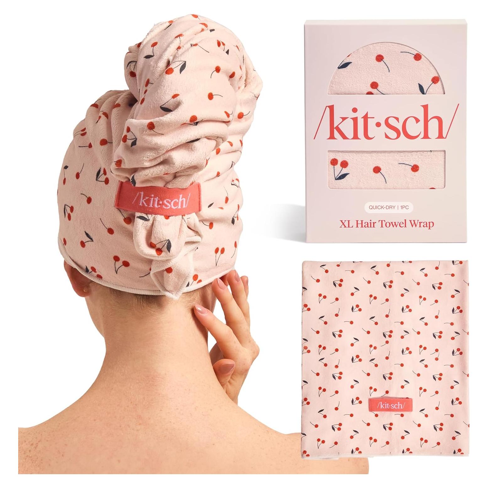 Kitsch XL Microfiber Hair Towel Wrap for Women – Ultra Absorbent Microfiber Towel for Wet, Curly, Long or Short Hair – Quick Dry, Anti-Frizz Hair Wrap – Cherry Print, 40x24 inches