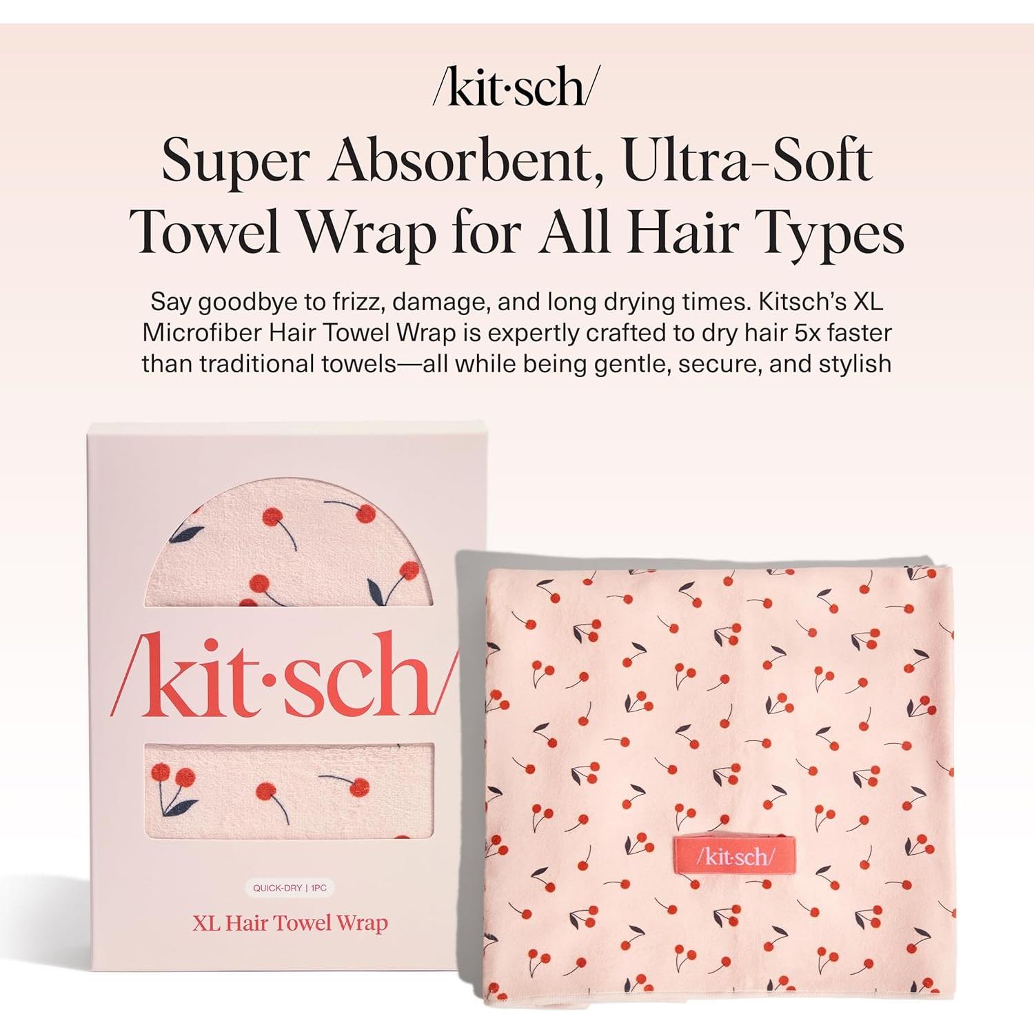 Kitsch XL Microfiber Hair Towel Wrap for Women – Ultra Absorbent Microfiber Towel for Wet, Curly, Long or Short Hair – Quick Dry, Anti-Frizz Hair Wrap – Cherry Print, 40x24 inches