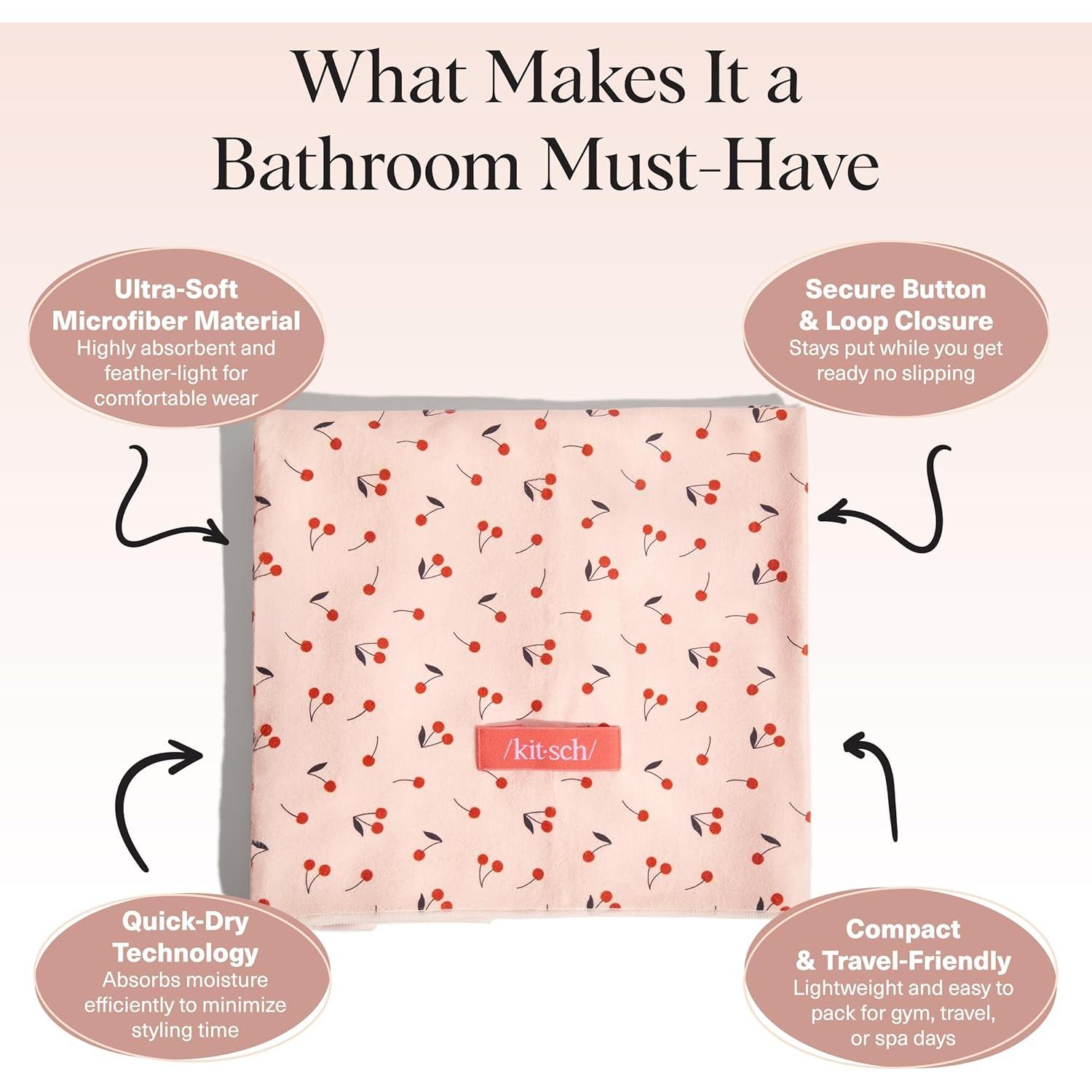 Kitsch XL Microfiber Hair Towel Wrap for Women – Ultra Absorbent Microfiber Towel for Wet, Curly, Long or Short Hair – Quick Dry, Anti-Frizz Hair Wrap – Cherry Print, 40x24 inches