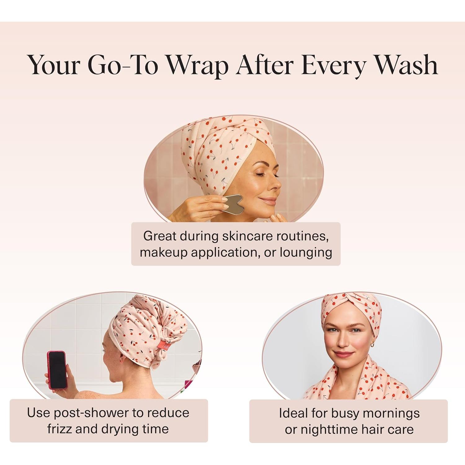 Kitsch XL Microfiber Hair Towel Wrap for Women – Ultra Absorbent Microfiber Towel for Wet, Curly, Long or Short Hair – Quick Dry, Anti-Frizz Hair Wrap – Cherry Print, 40x24 inches